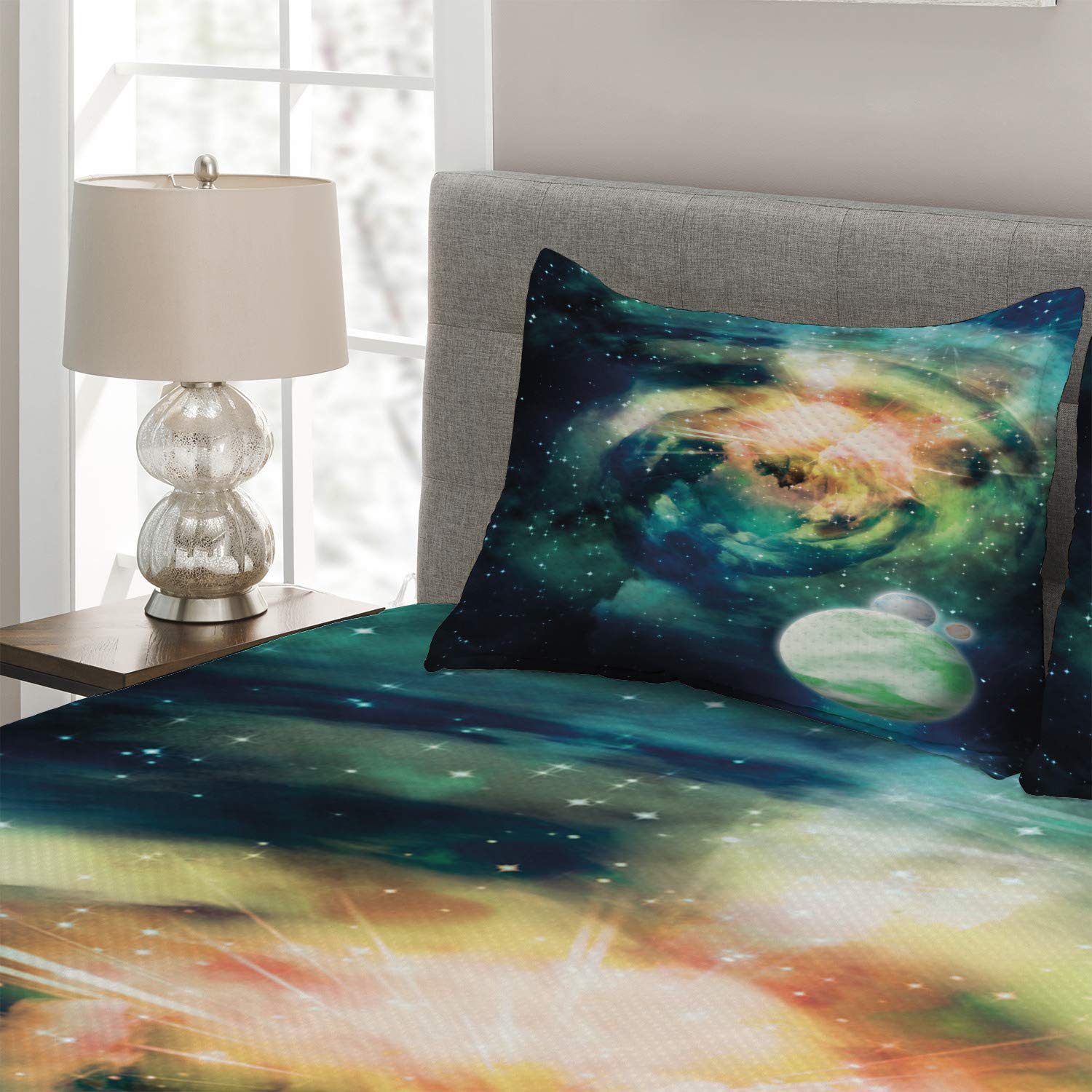 Ambesonne Space Coverlet Set - 3 Piece King Size Quilted Bedspread with 2 Pillow Shams, Spiral Andromeda Galaxy & Planets Fantasy Design in Teal Blue & Yellow | Mystical Cosmos Bedroom Decor for Sci-Fi Lovers & Astronomy Enthusiasts