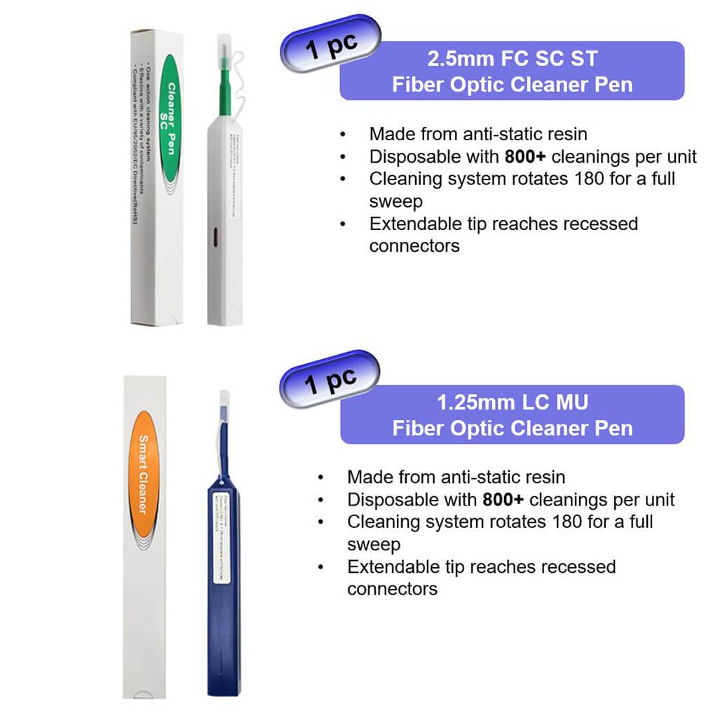 QIIRUN Fiber Optic Cleaning Kit - Professional FTTH Fiber Cleaner Tools Set with 1.25mm & 2.5mm Fiber Optic Cleaner Pens, Cleaning Sticks & Wipes - Perfect for FC, SC, ST, LC, MU Connectors - Ideal for Home Network, Data Center & Telecom Maintenance
