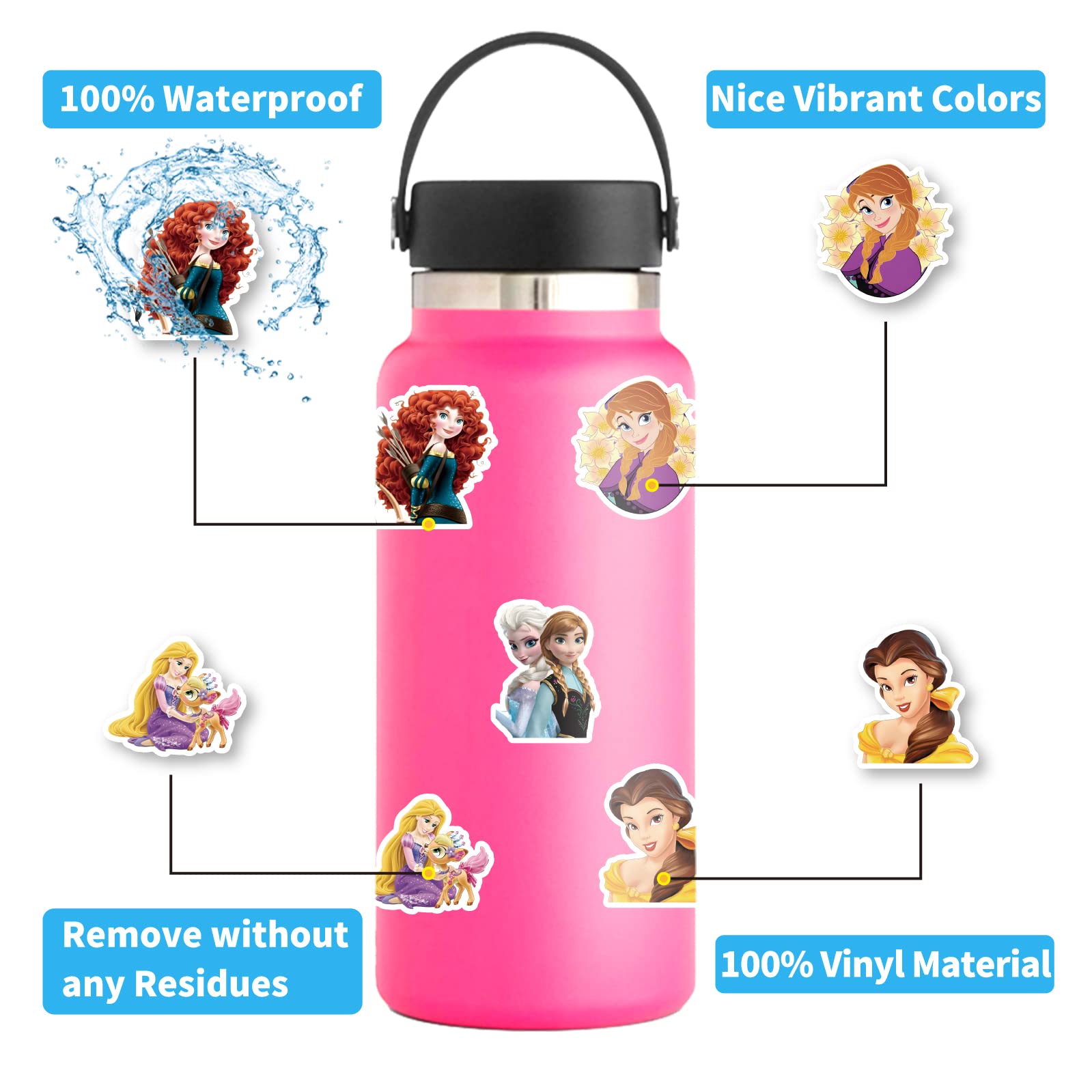 120-Piece Cute Princess Stickers Pack for Teens - Waterproof Vinyl Decals for Water Bottles, Laptops, Journals & DIY Crafts - Perfect for Girls Room Decor & Scrapbooking