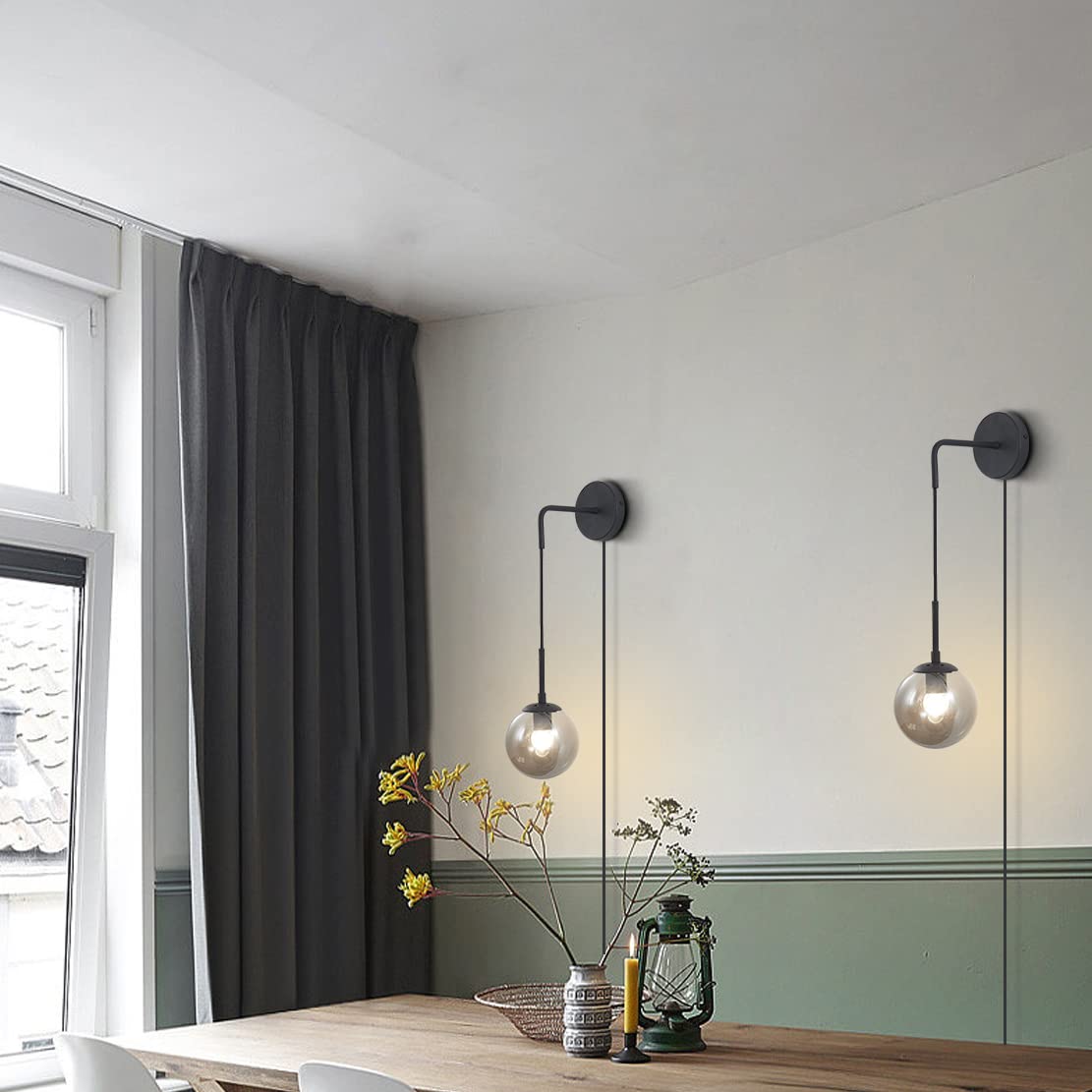 Modern Smoke Gray Glass Wall Sconce Lighting - Set of 2 Plug-in Cord Mid Century Matte Black Wall Lights for Bathroom Vanity & Bedroom - Energy Efficient Globe Fixture for Home Decor (Smoke Gray)