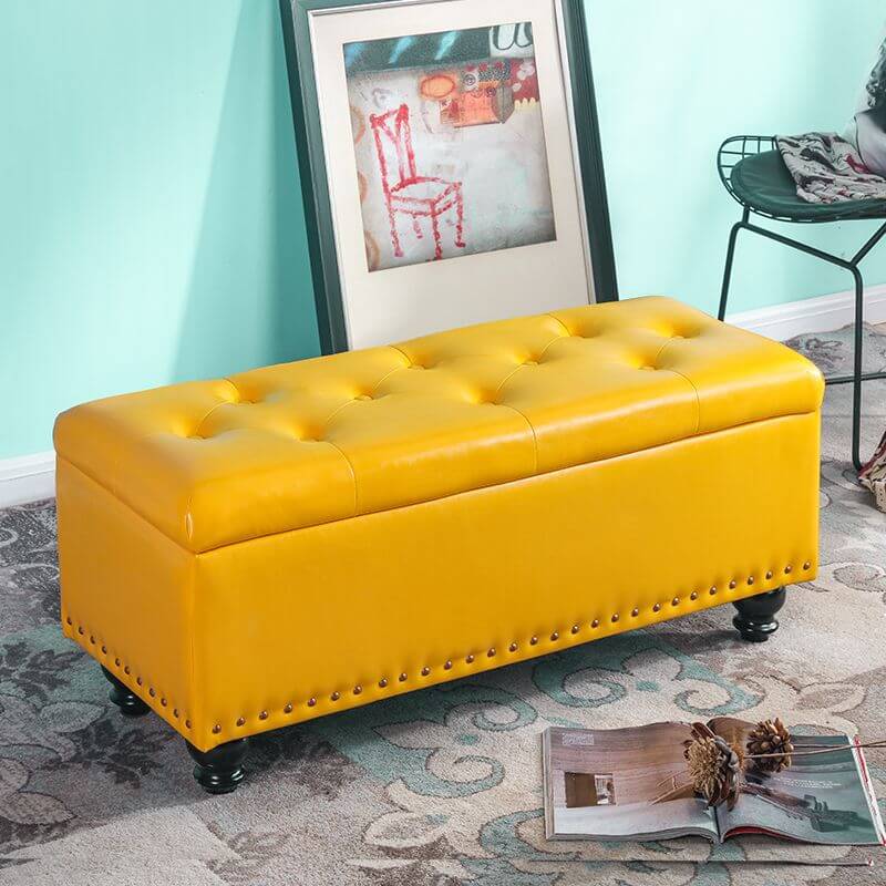 Water Resistant Stitch Tufted Upholstered Storage Ottoman with Nailhead Trim - Green/Peony/Butter Color, Modern Style with Legs - Perfect for Living Room, Bedroom & Home Office Organization