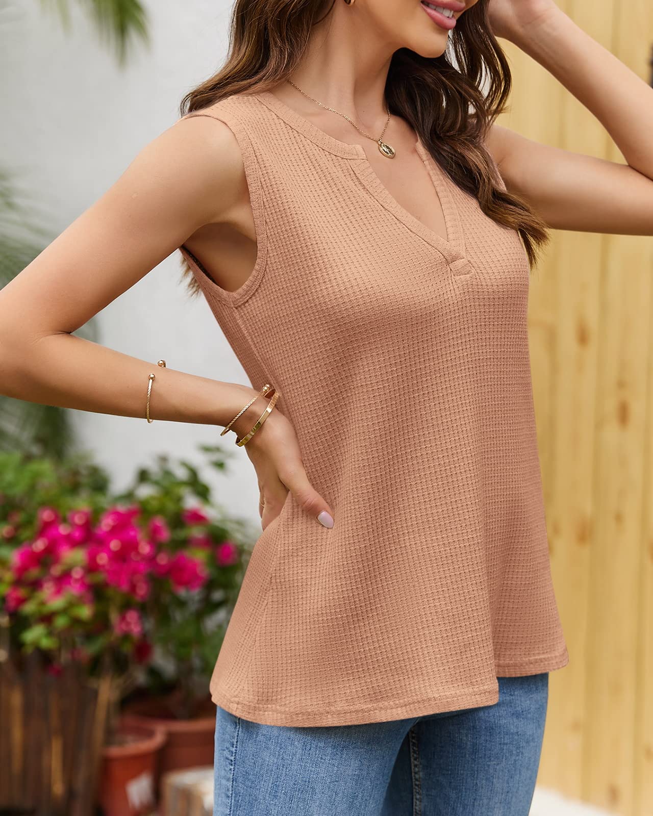 Women's V-Neck Waffle Knit Tank Tops - Summer Casual Sleeveless Loose Fit Tee Shirts for Women | Perfect for Beach, Gym, Yoga & Everyday Wear