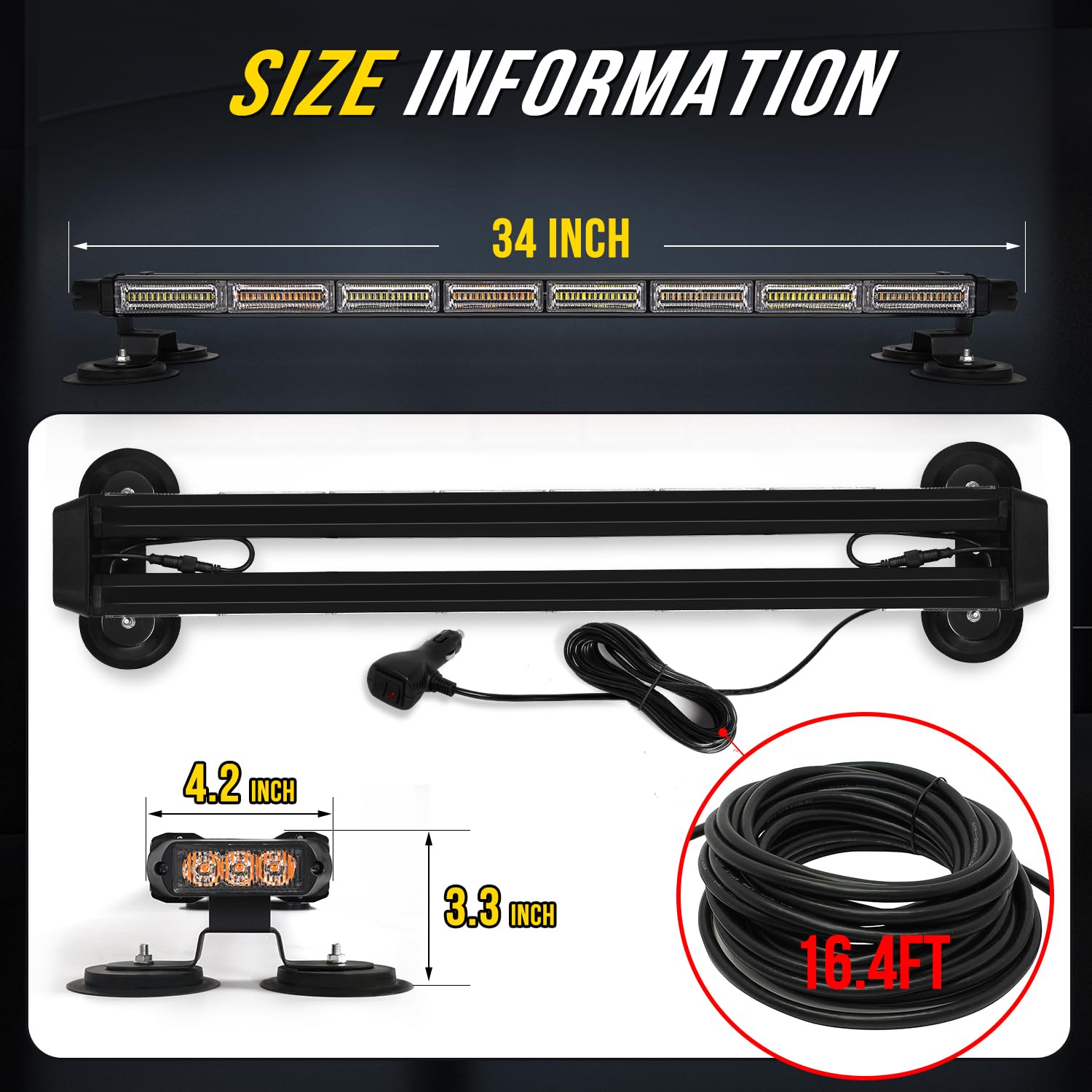 34 Inch 166 LED Emergency Strobe Light Bar - Amber/White Flashing Warning Light with Magnetic Base for Trucks, Snow Plows & Work Vehicles | Construction, Tow, Pickup Safety & Traffic Control | Durable Rooftop Hazard Light for Roadside Emergencies & Night Visibility