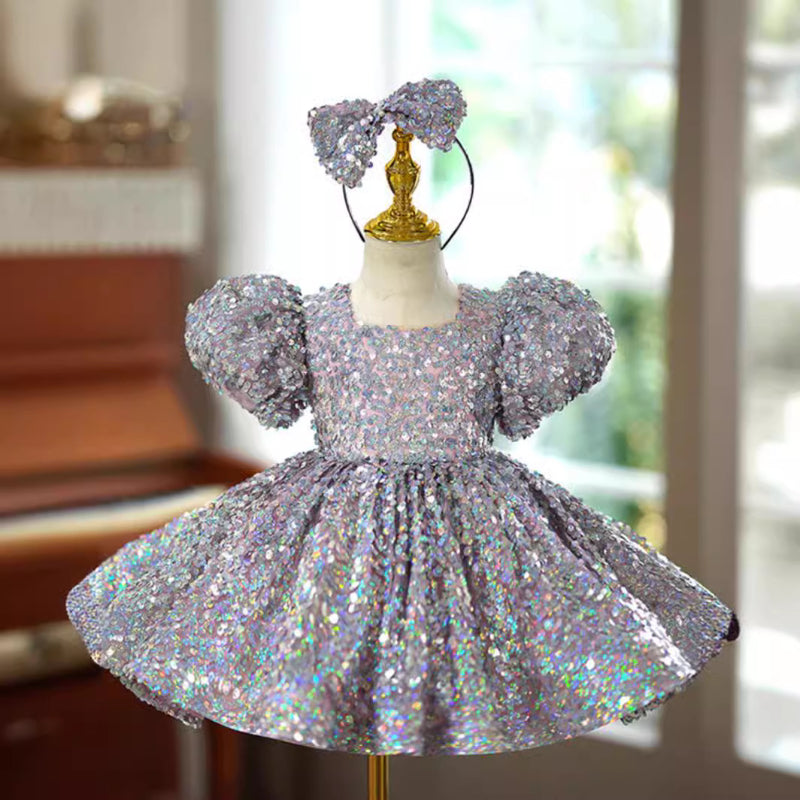Elegant Baby Silver Sequin Puff Sleeve Dress for Toddlers - Perfect for Prom, Birthday Party, and Special Occasions
