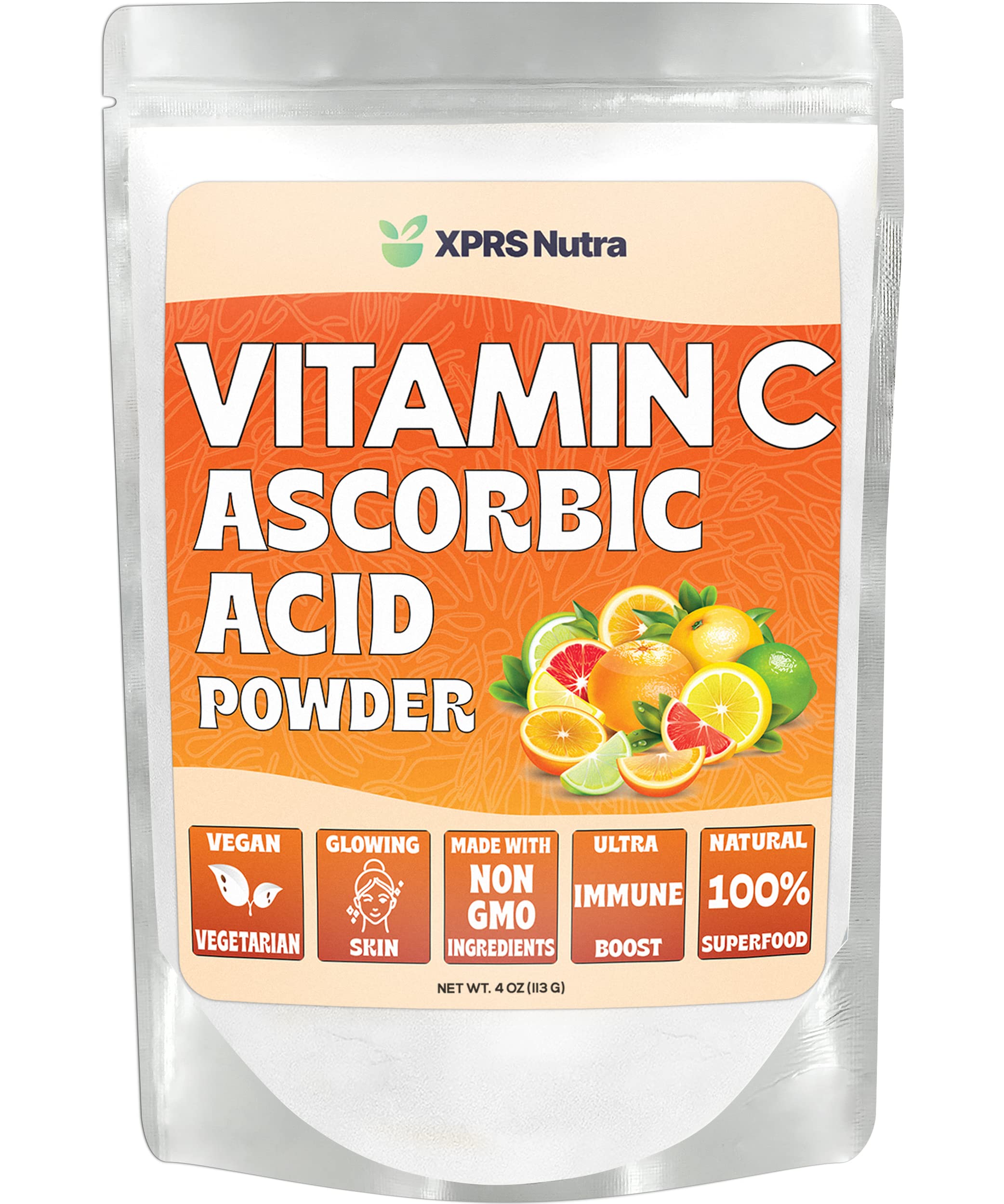 XPRS Nutra Premium Vitamin C Ascorbic Acid Powder - 4 oz Immune Support Supplement, Vegan Friendly, for Drinks & Homemade Cosmetics - Adds Tart Flavor to Smoothies, Teas & DIY Skincare Recipes