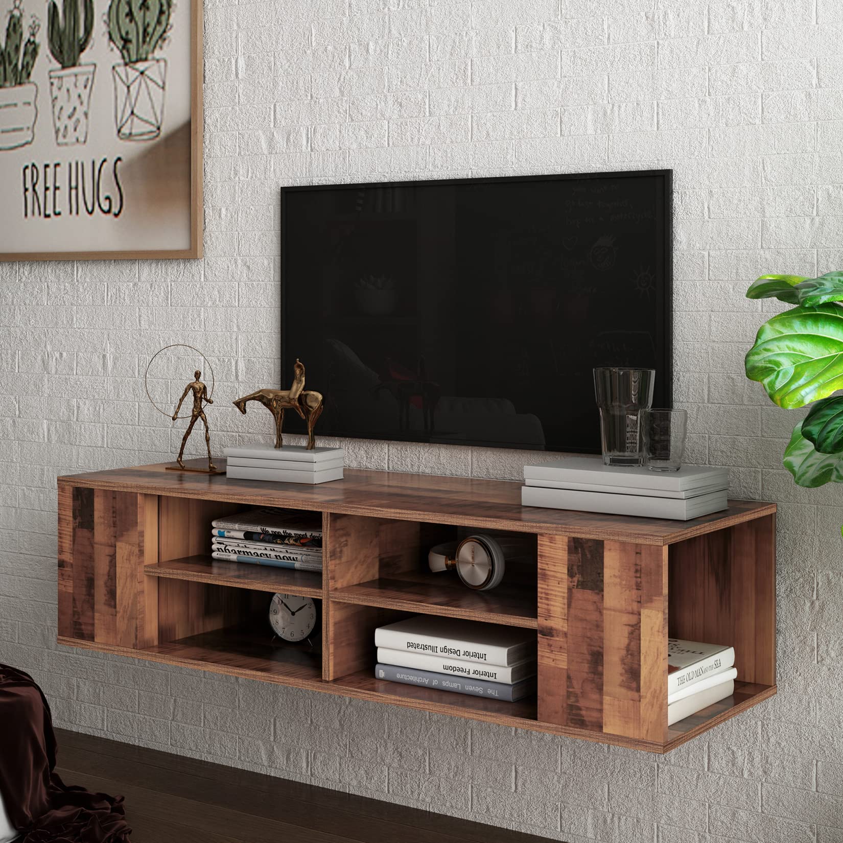 Floating TV Stand Wall Mounted - Modern Wood TV Wall Mount Console with Open Shelves - Entertainment Center & Media Storage for Living Room - Space Saving Design for Small Spaces - Brown Wood Finish - Perfect for Home Theater & Living Room Setup