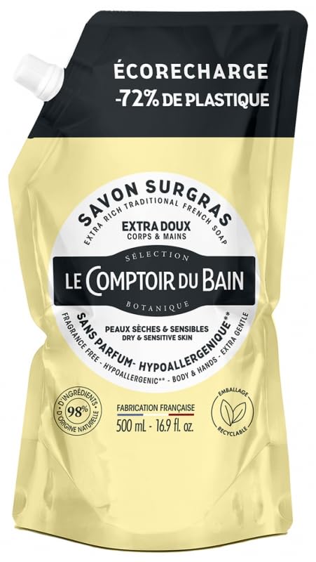 Hypoallergenic Superfatted Marseille Soap Bar - 500ml Eco-Friendly Refill for Sensitive Skin | Hand Wash, Body Cleanser & Household Cleaning