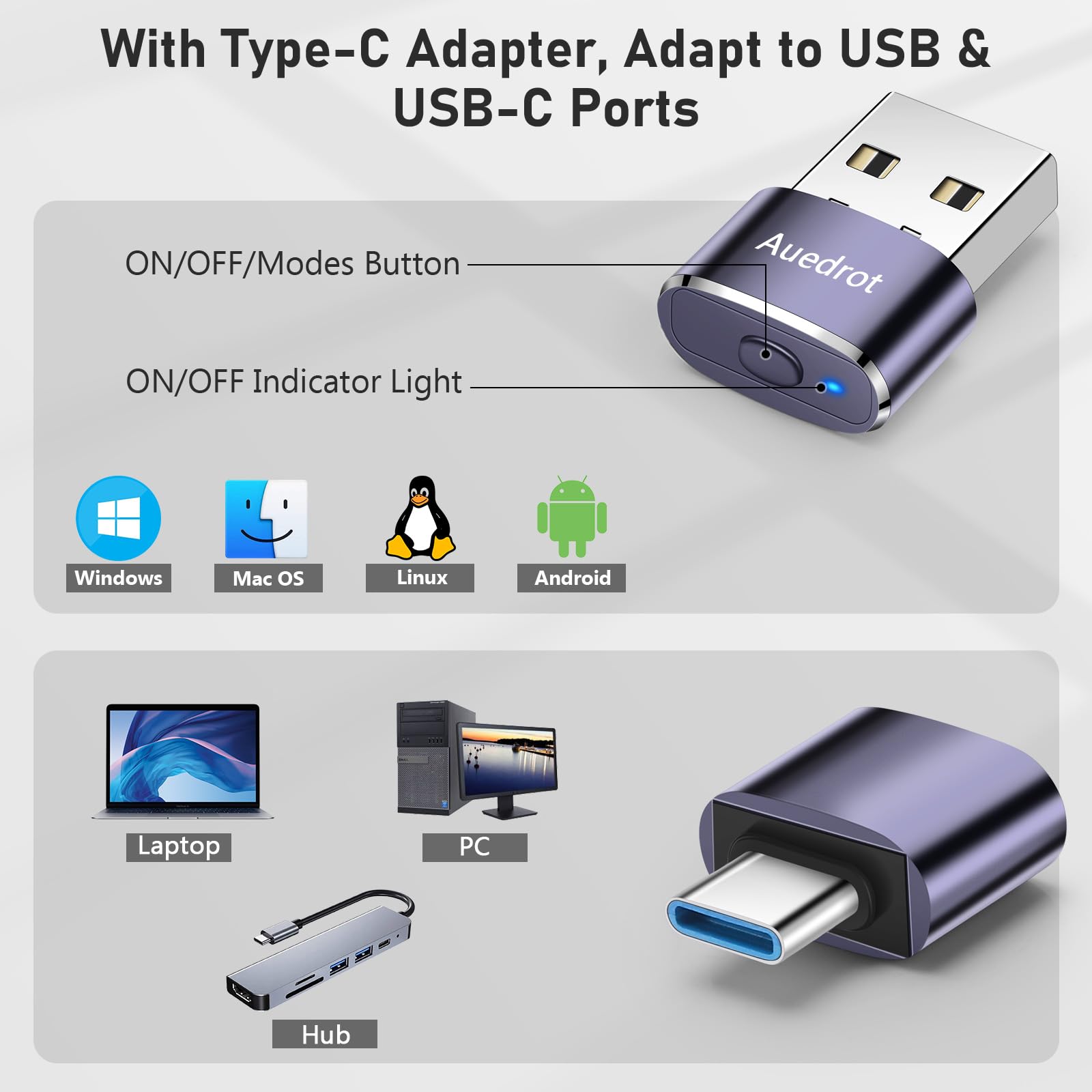 Undetectable USB Mouse Jiggler - Metal USB Mouse Mover with Switch Button, 2 Jiggle Modes, Driver-Free Plug & Play - Keep PC/Laptop Awake (Includes USB-C Adapter, Purple) - Perfect for Remote Work, Online Meetings & Preventing Sleep Mode