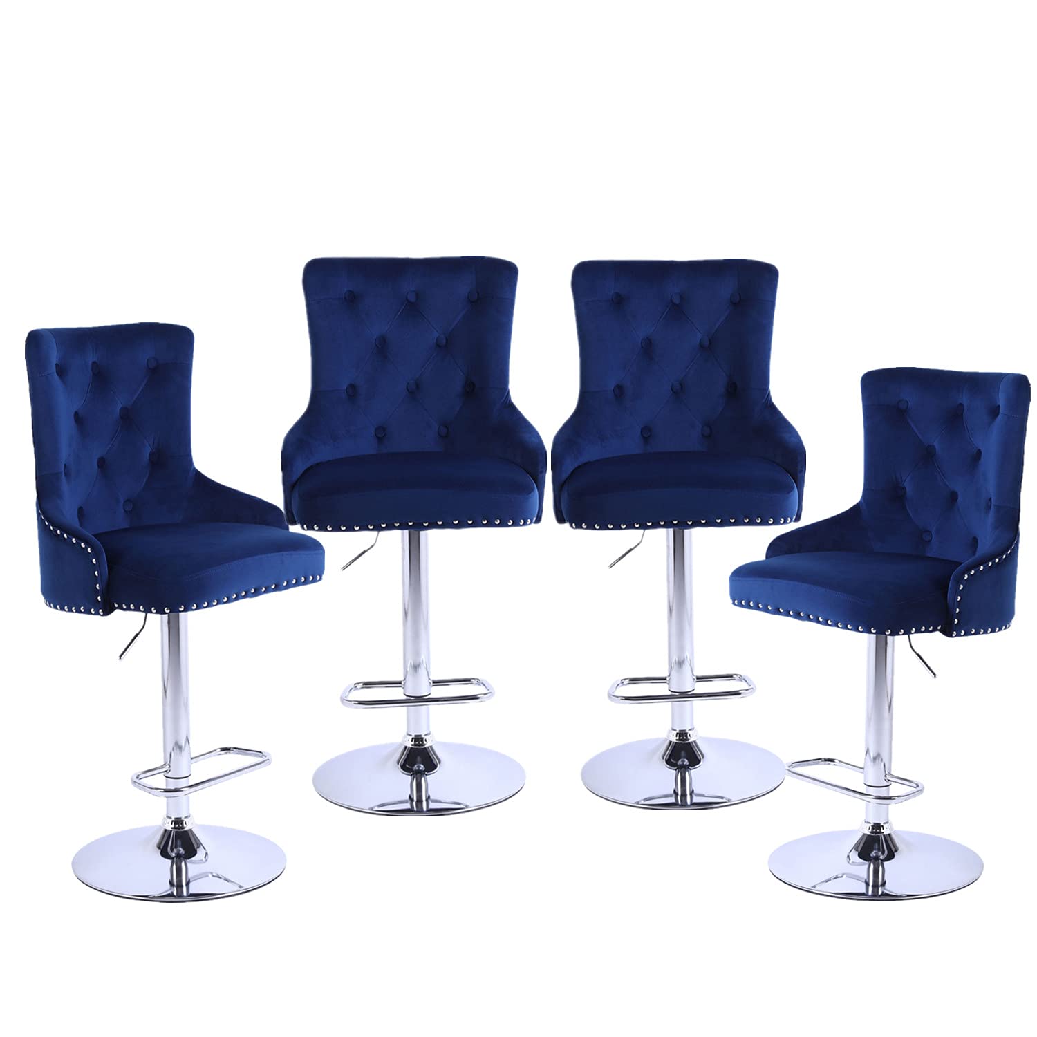 Modern Velvet Bar Stools Set of 4 - Adjustable Height High Back Counter Stools for Kitchen Island, Pub, Bar & Dining Room - Deep Blue Upholstered Seating (Perfect for Entertaining, Breakfast Nooks & Home Decor)