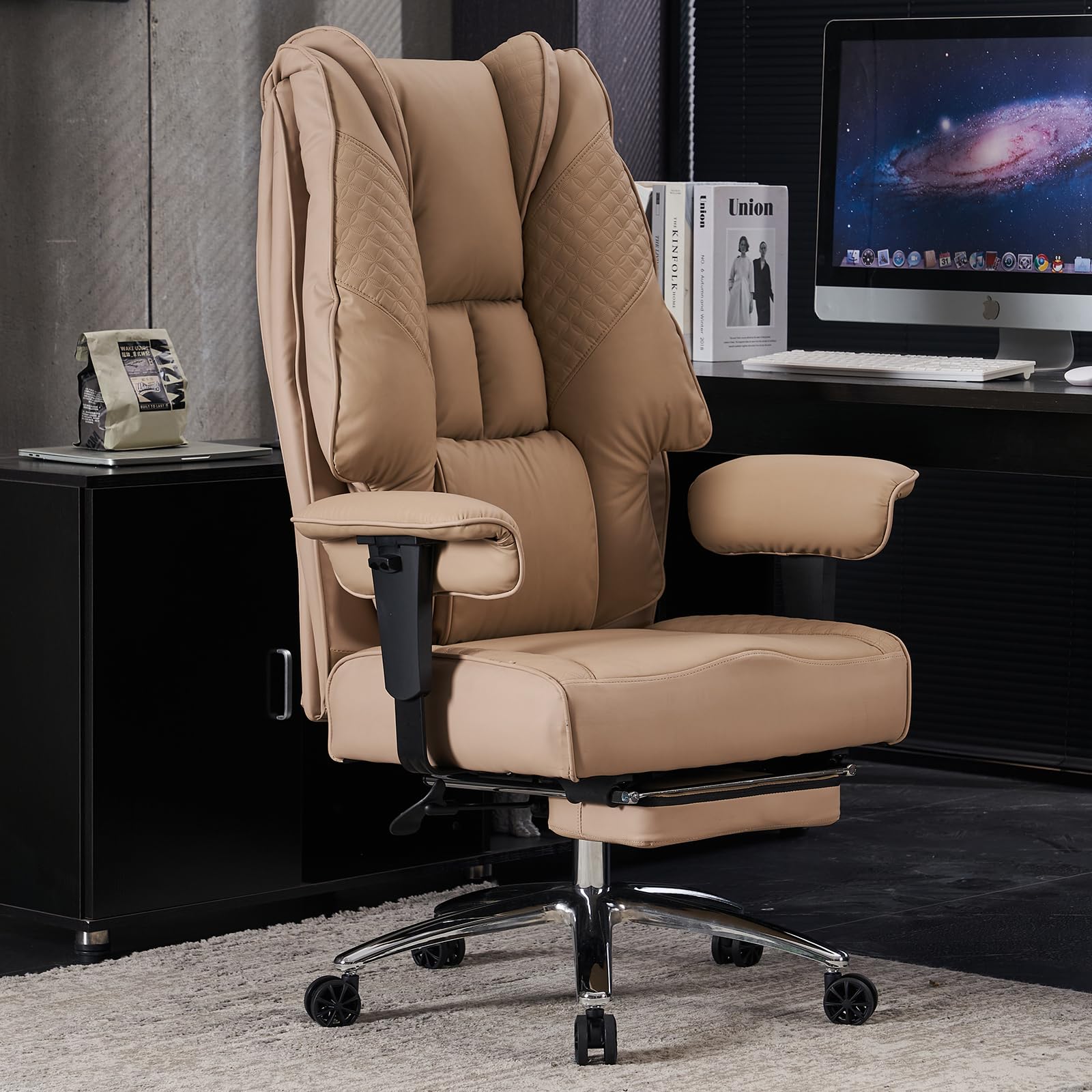 Big and Tall Office Chair for Heavy People Up to 400lbs - Wide Seat Leather Executive Chair with Adjustable Lumbar Support & Footrest - Ergonomic High Back Desk Chair for Back Pain Relief (Brown) - Perfect for Home Office, Gaming, and Long Work Sessions