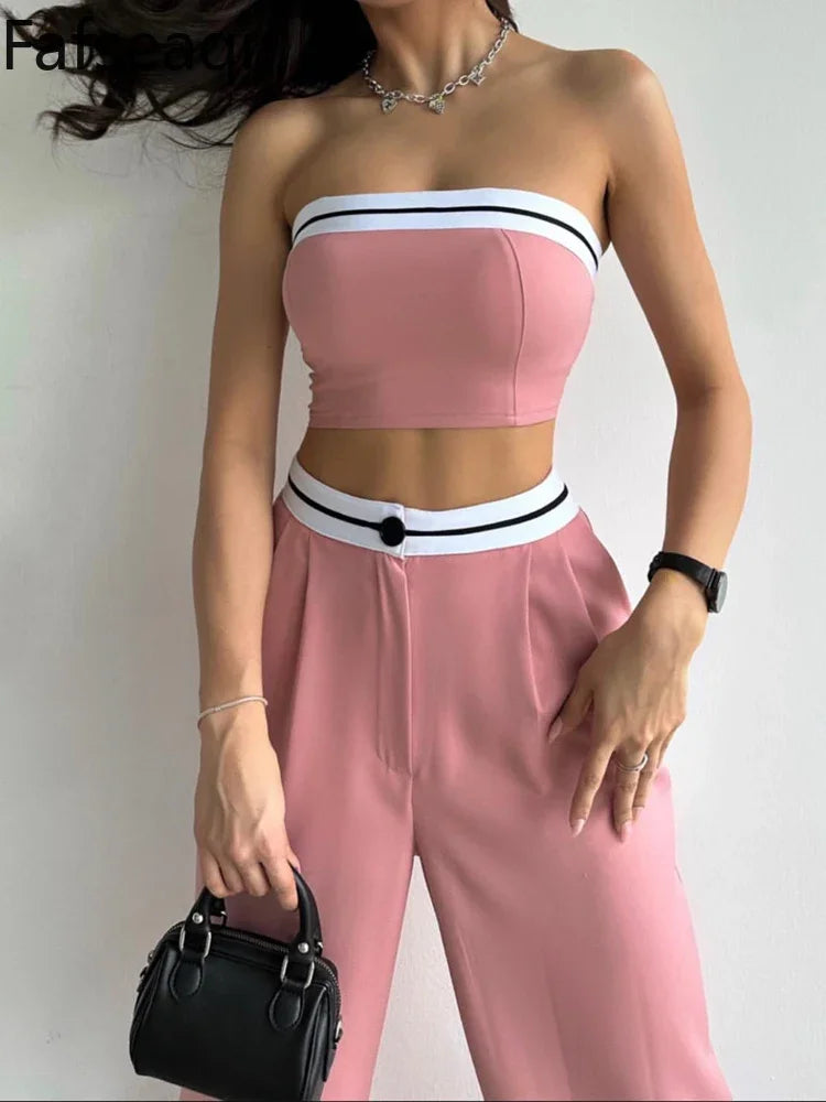 Black Women's Tracksuit Set - Sexy Boob Tube Top with Slash Neck & Contrast Color Wide Leg Pants | 2-Piece Outfit for Gym, Streetwear & Casual Fashion