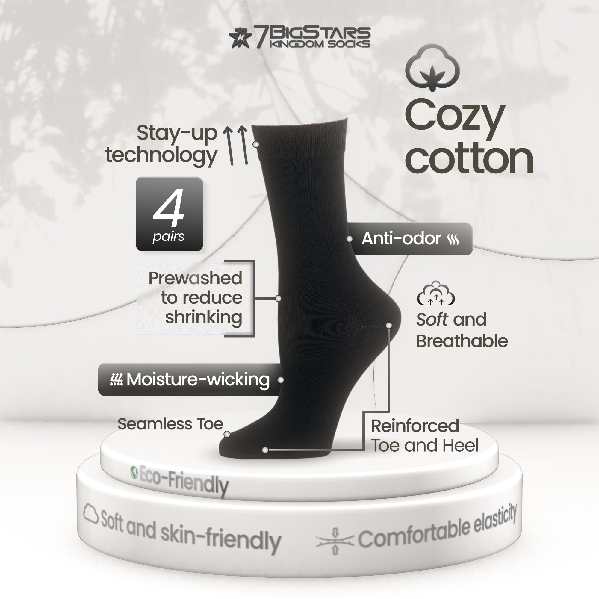 7BigStars Women's Cotton Crew Socks 4-Pack - Soft Breathable Casual Dress Socks (Black, Brown, Blue, Grey, Beige, Khaki, Olive Green) - Perfect for Office, Daily Wear & Outfits