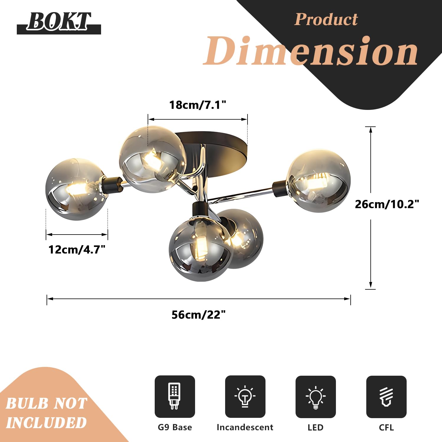 BOKT 5-Light Sputnik Chandelier Semi-Flush Mount Ceiling Light Fixture with Smoked Glass Globes - Modern Pendant Lighting for Kitchen, Dining Room, Living Room & Bedroom (Silver Finish, Bulbs Included) | Perfect for Mid-Century Modern Homes and Contemporary Spaces