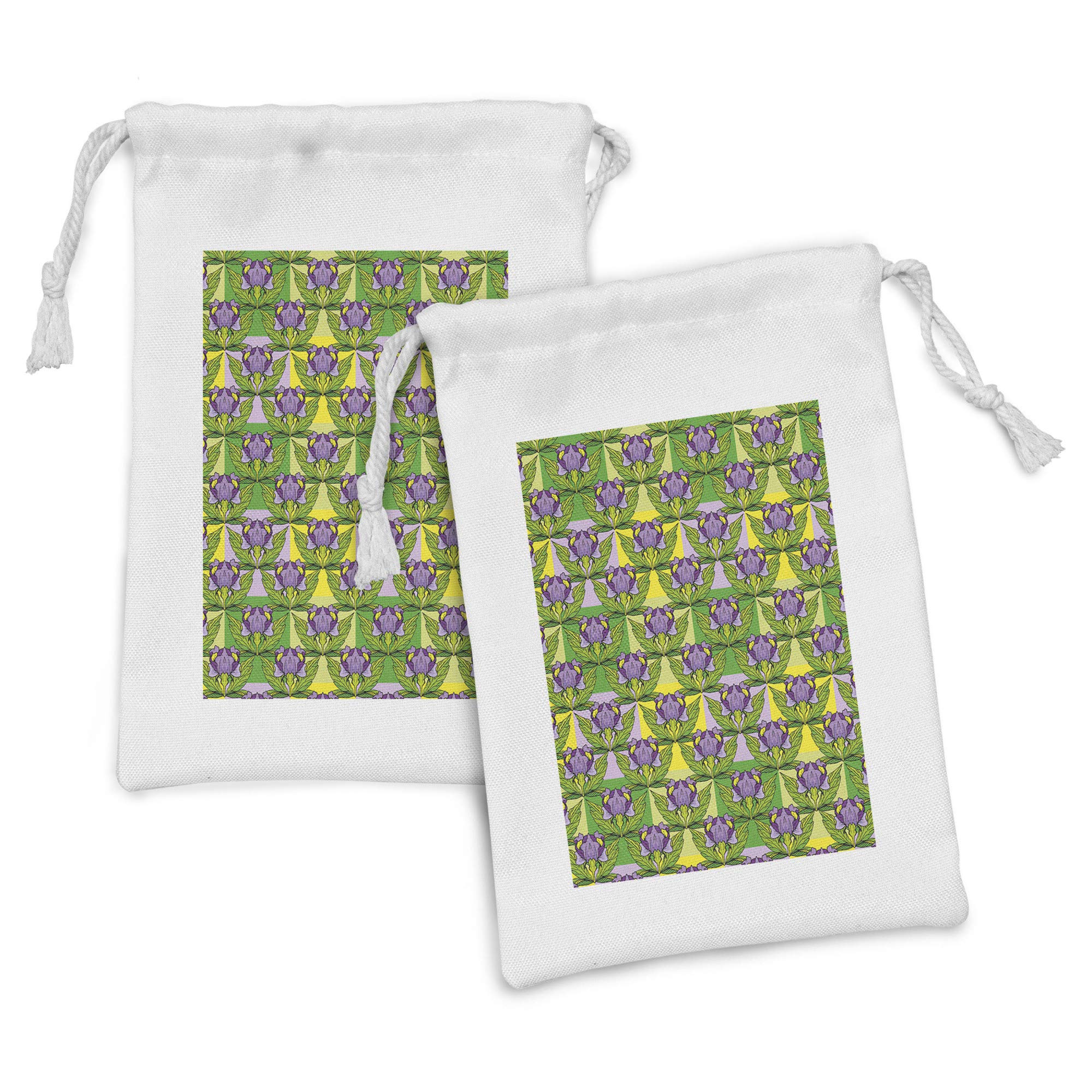 Ambesonne Floral Fabric Pouch Set of 2 - Iris Flower Lilac Drawstring Bags for Toiletries, Makeup, Jewelry & Travel Accessories (9