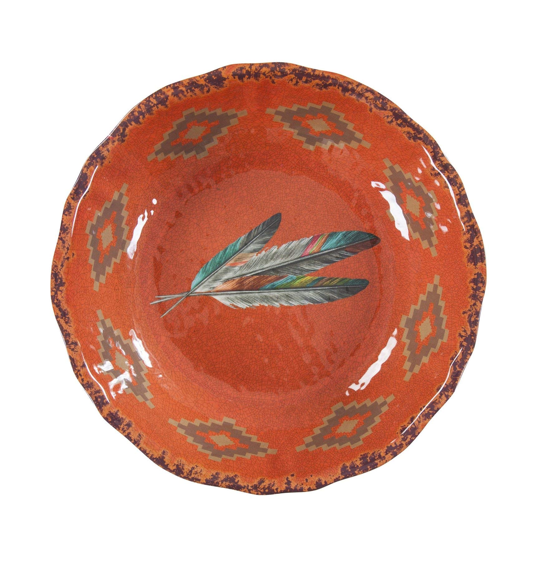 HiEnd Accents 14-Piece Melamine Dinnerware Set - Western Style Feather Print in Orange, Tan, Brown & Teal - Durable Plastic Plates, Bowls & Serving Dish - Southwestern Aztec Tribal Design for Rustic Dining | Perfect for Outdoor Picnics, BBQ Parties & Southwestern-Themed Decor