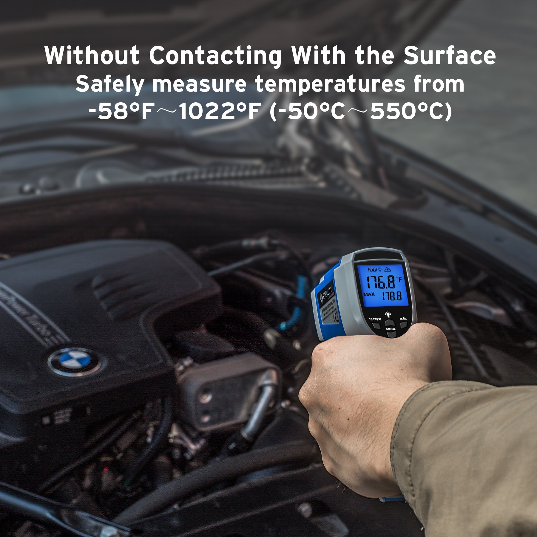 Etekcity Infrared Thermometer Gun -58°F to 1022°F (-50°C to 550°C) with Adjustable Emissivity, Non-Contact Digital Laser Temperature Gun for Cooking, HVAC, Automotive, Industrial Use - Perfect for Grilling, Meat, Refrigerator, Pool and Oven Temperature Monitoring (Blue)