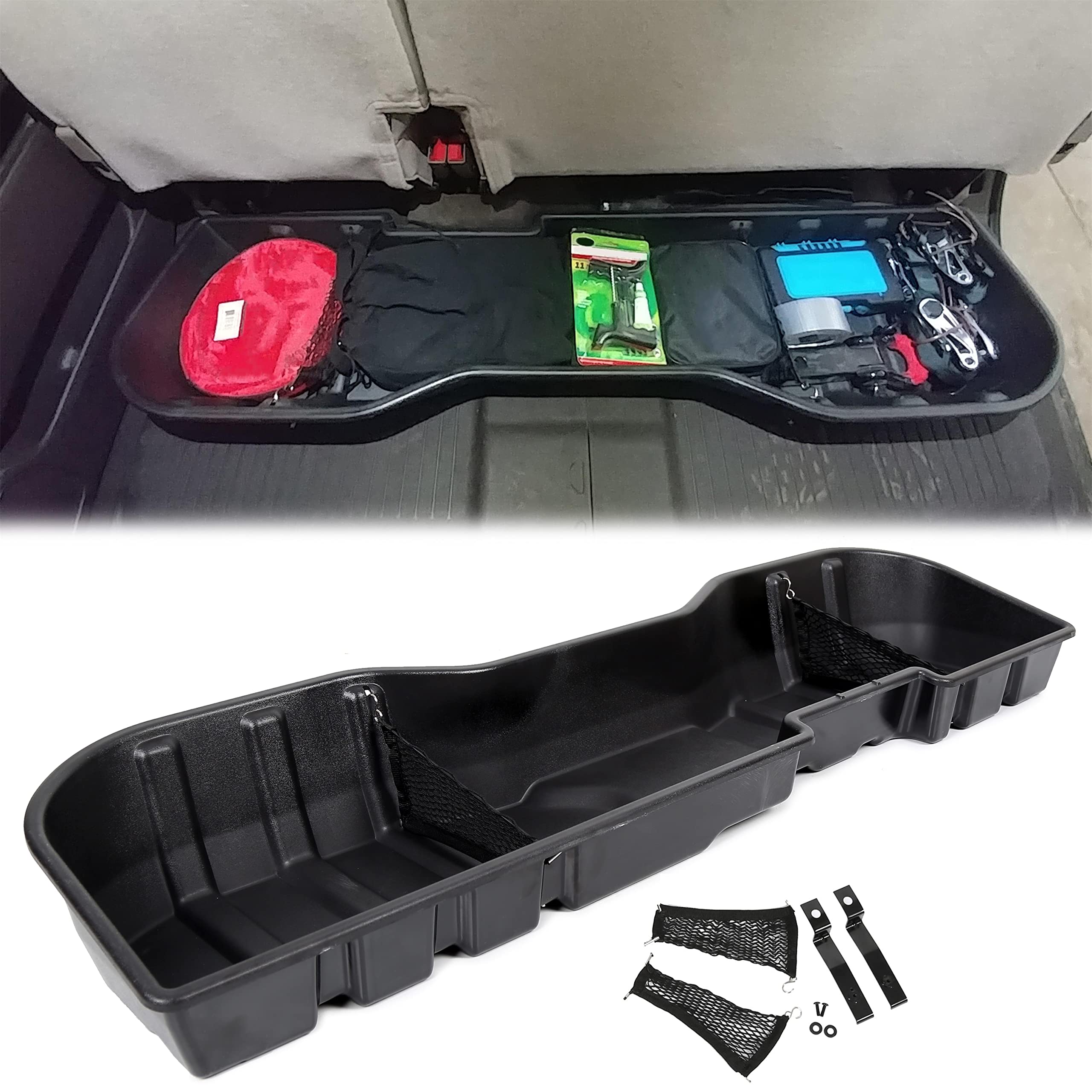 ECOTRIC Under Seat Storage Box Compatible with 2007-2019 Chevy Silverado & GMC Sierra 1500/2500HD/3500HD Crew Cab - Replacement for OEM Part #23183674 - Perfect for Organizing Tools, Emergency Kits, and Truck Accessories