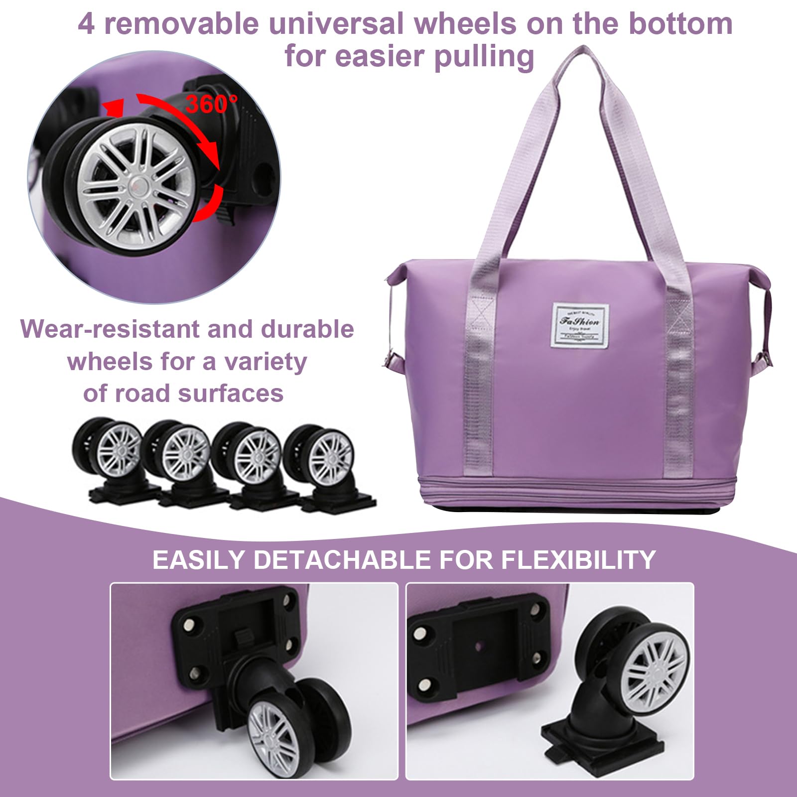 Foldable Expandable Duffel Bag with Detachable Rolling Wheels - Large Carry-on Luggage for Travel, Gym, Camping & Business Trips - Purple Travel Bag for Convenient Packing & Storage