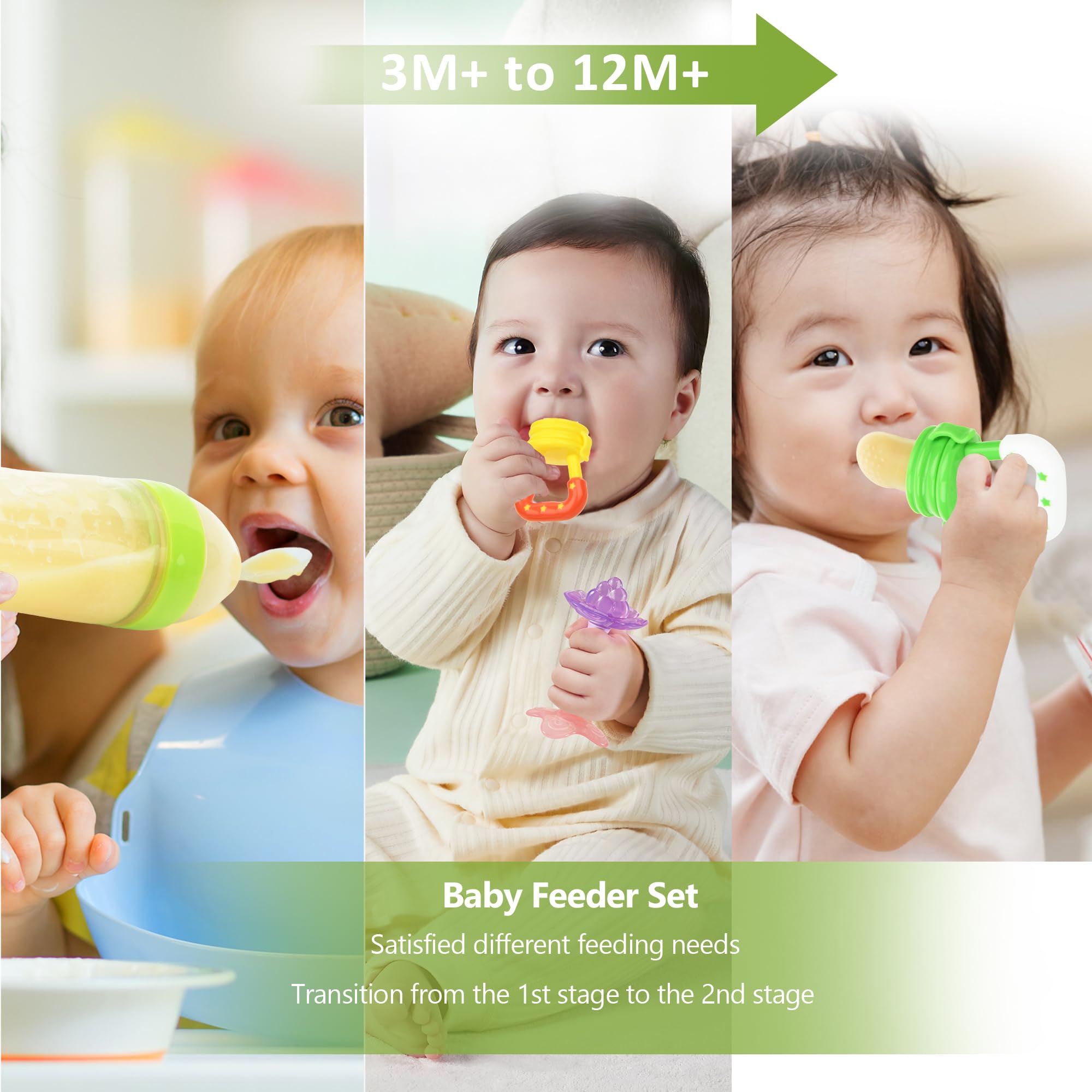 WAJIAYON Baby Fruit Feeder Pacifier - 5 Pack Set with 2 Silicone Teethers, 1 Food Dispensing Spoon | BPA-Free Mesh & Silicone Baby Food Feeder for Infants 6-12 Months | Perfect for Teething Relief, Fresh Fruit Snacks & On-the-Go Feeding (Green & Yellow)