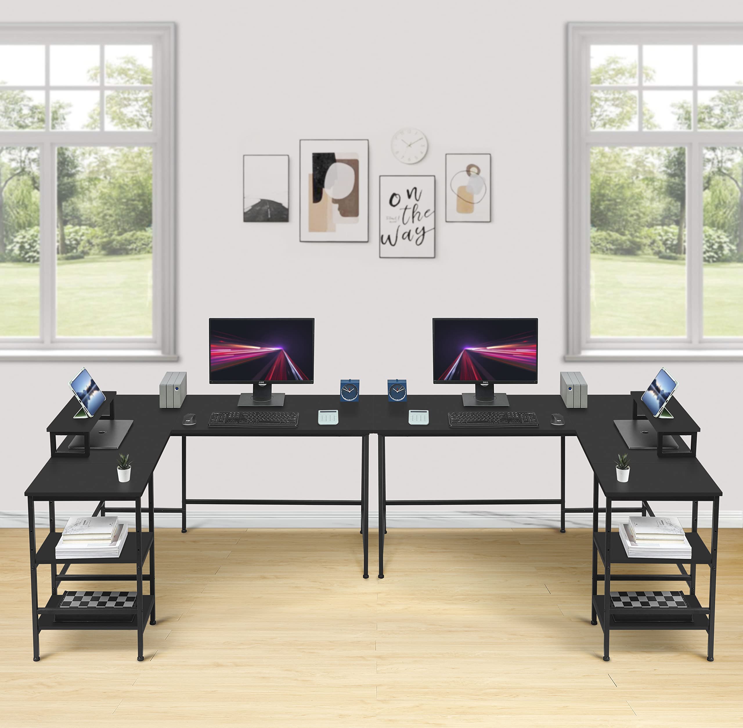 L-Shaped Corner Computer Desk with Storage Shelves - Large Gaming & Workstation Desk with Monitor Stand for Home Office, Study, or Gaming Room - Black