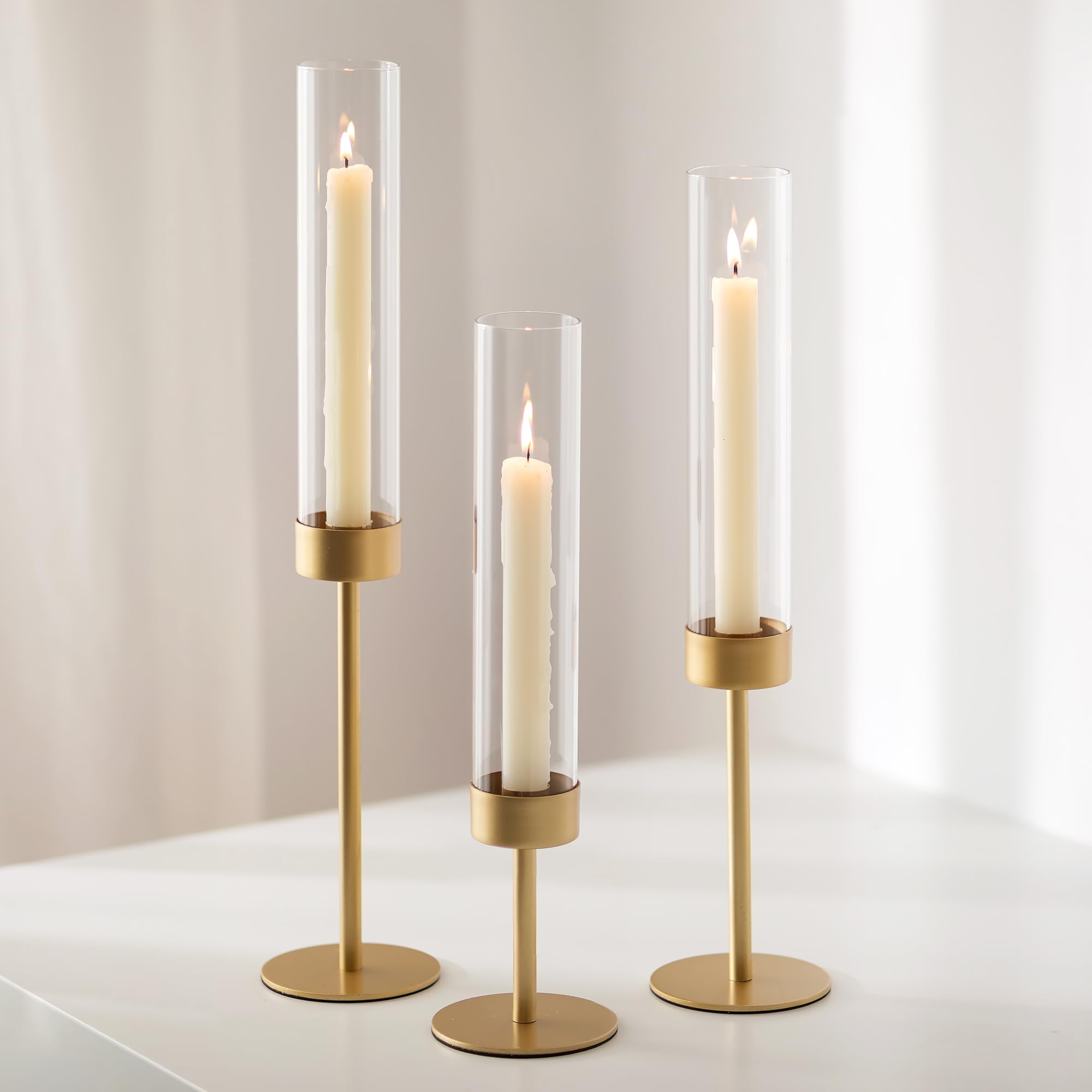 18-Piece Gold Glass Hurricane Candle Holders - Tall Clear Cylinder Taper Candle Holders Bulk Set for Wedding Centerpiece, Party Decor, Christmas & Home Decoration - Perfect for Dining Table, Fireplace Mantel, and Holiday Displays