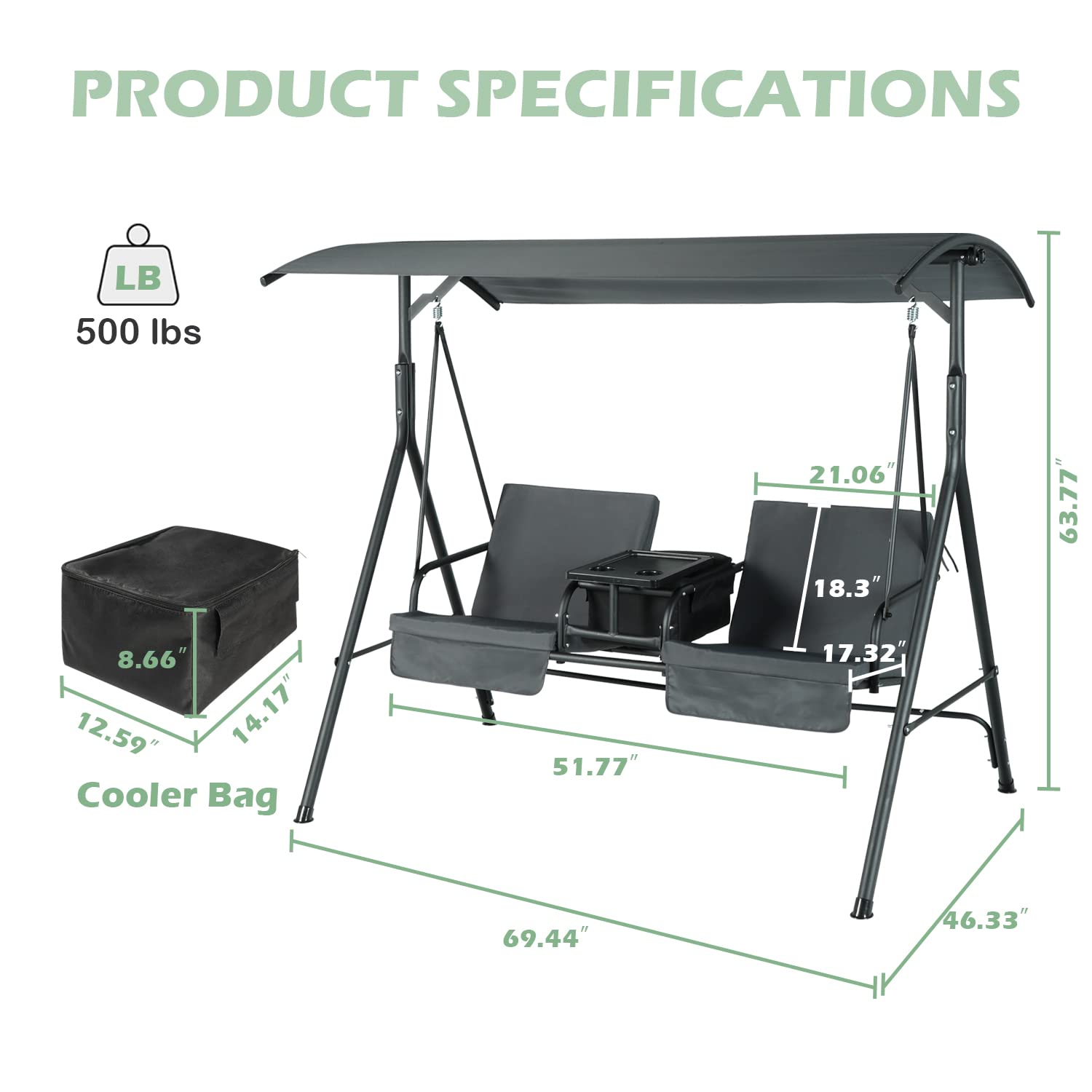 GRAVFORCE 2-Seat Outdoor Porch Swing with Adjustable Canopy, Storage Cooler Bag & Table - Patio Swing Set with Cup Holders for Backyard, Garden, Deck (Gray) - Perfect for Relaxing, Lounging & Outdoor Entertaining