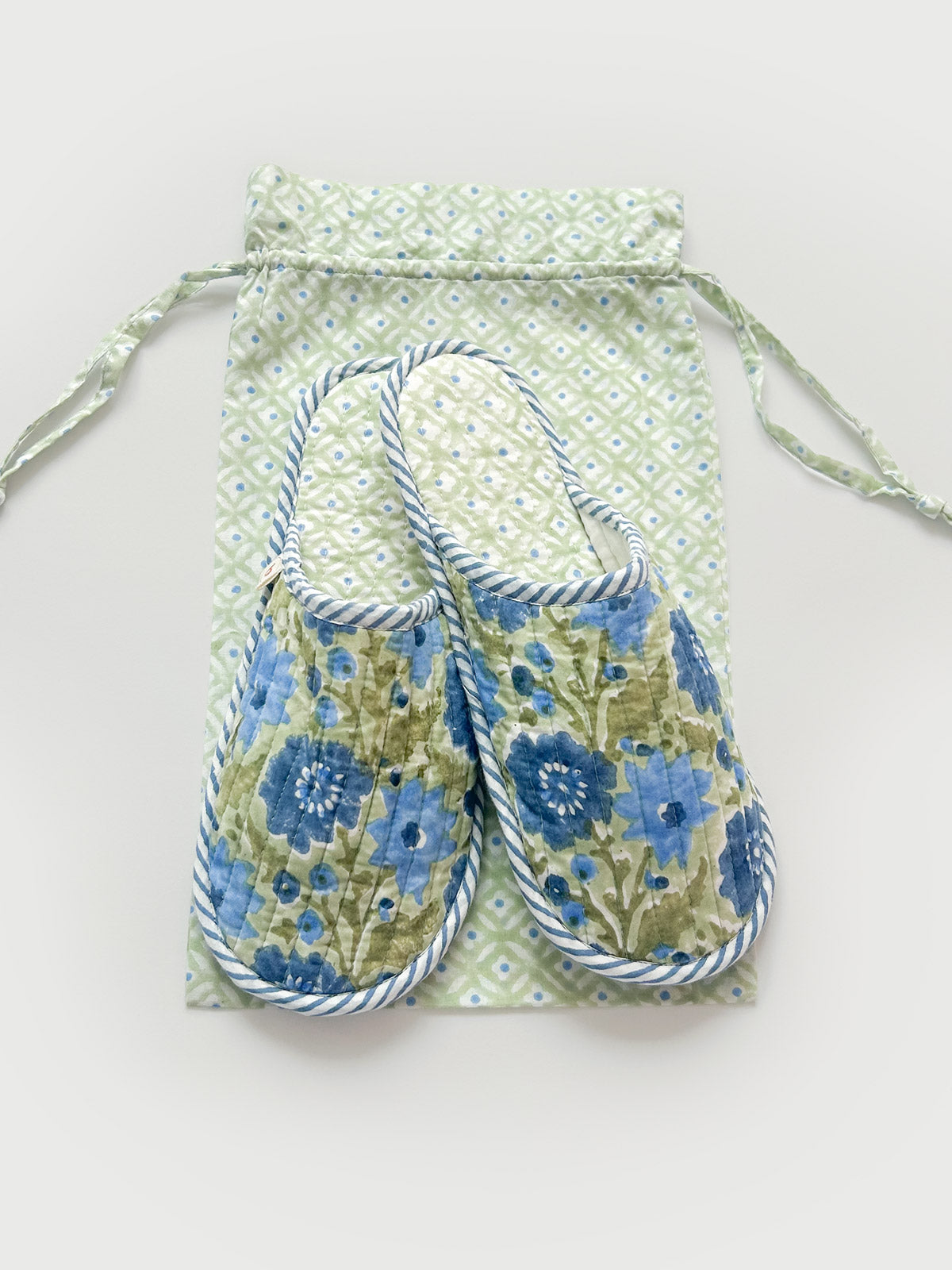 Handmade Block Print House Slippers - Soft Sage Green Cotton Indoor/Outdoor Slides for Women & Men - Cozy Home, Yoga, and Meditation Footwear