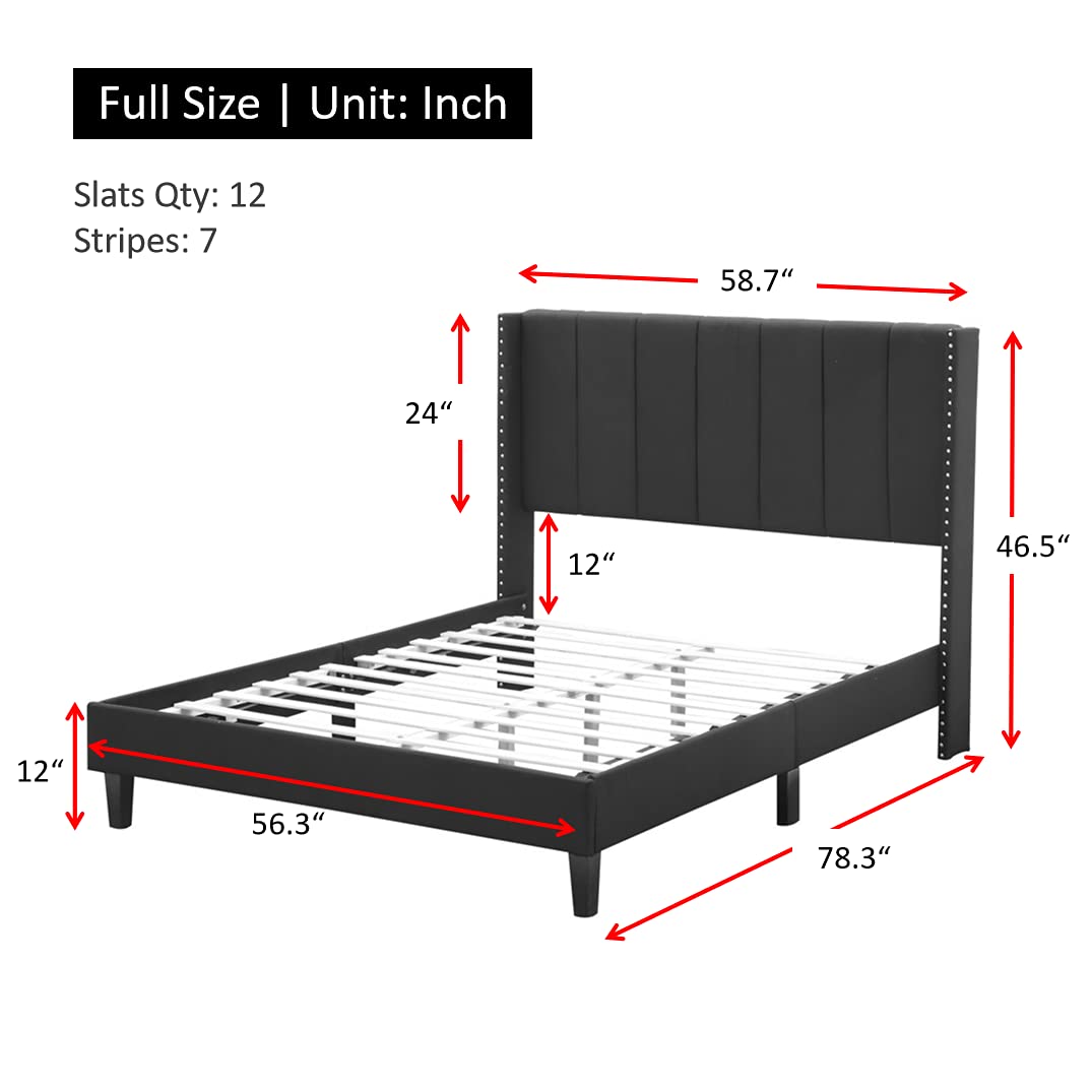 Modern Upholstered Full Size Bed Frame with Headboard - Wood Slat Support Faux Leather Platform Bed - No Box Spring Needed - Easy Assembly (Grey) - Perfect for Guest Rooms, Dorms & Small Apartments