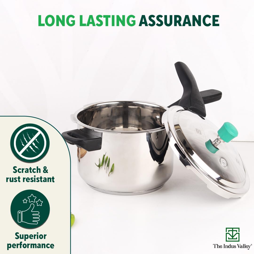 Indus Valley 4.5L Stainless Steel Pressure Cooker with Tri-Ply Bottom - ISI Certified, Induction Compatible, Non-Toxic & Non-Stick - Perfect for Home Cooking, Meal Prep & Indian Cuisine