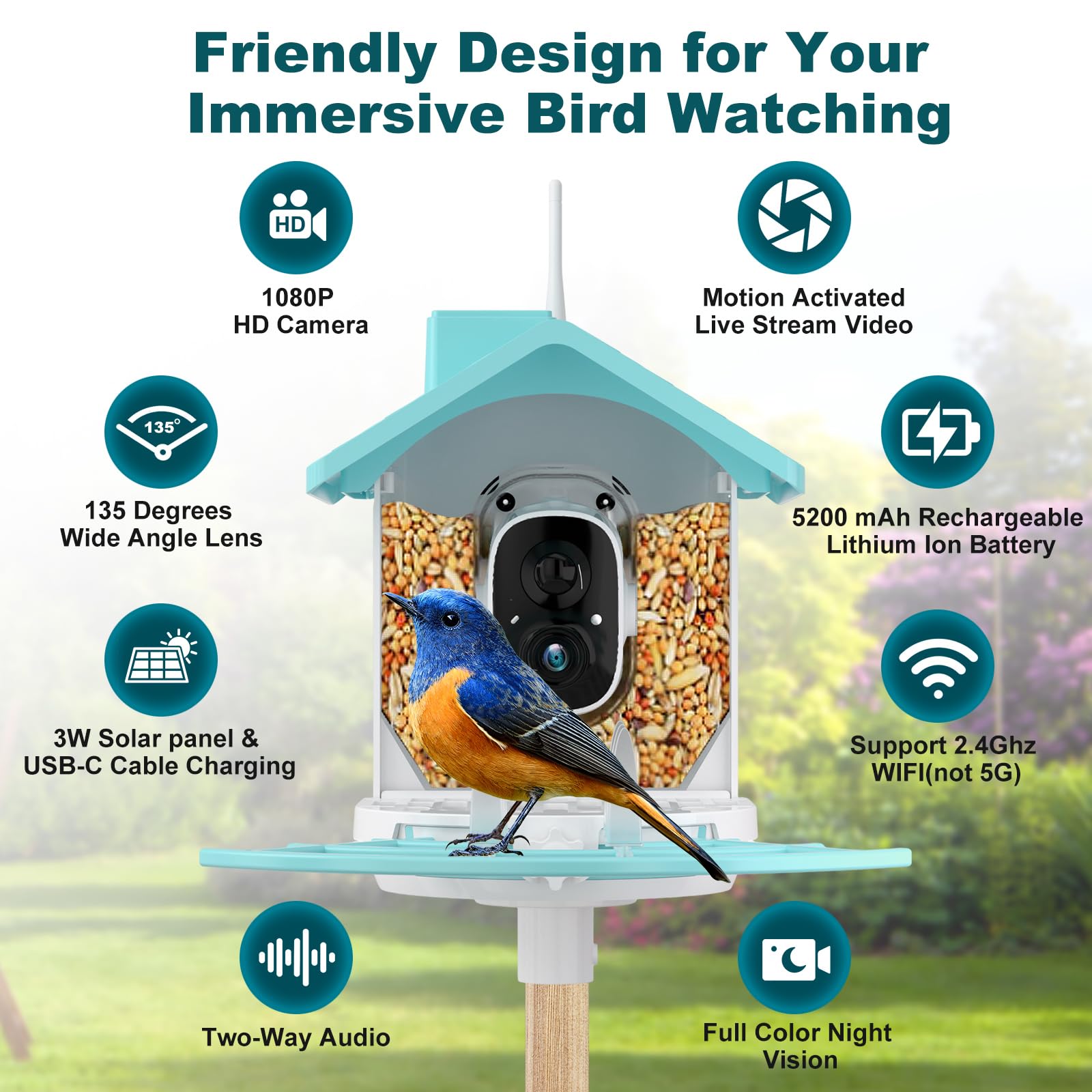 Wireless Solar Powered Smart Bird Feeder with HD 1080P Camera - AI Bird Identification, Night Vision & Squirrel Proof Design - Includes 64GB SD Card - Perfect Outdoor Gift for Bird Watching Enthusiasts (Great for Backyards, Gardens & Nature Observation)
