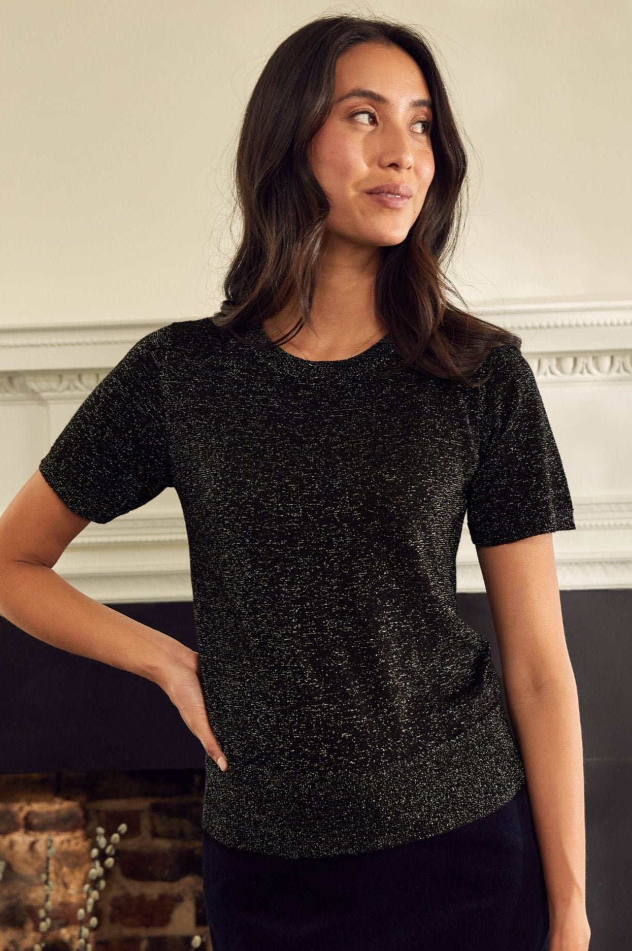 Metallic Knit T-Shirt for Women - Black & Gold Shiny Casual Top | Perfect for Parties, Night Out & Special Occasions