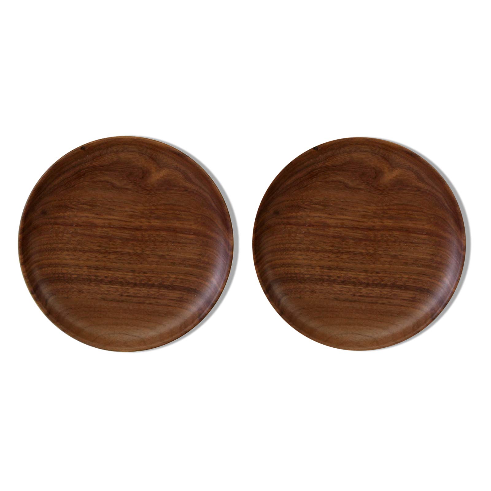 Hand Carved Black Walnut Wooden Plates Set of 2 - 7.08 Inch Round Natural Wood Dinnerware for Cake, Dessert, Fruit & Coffee - Eco-Friendly Tableware for Rustic Dining, Picnics & Home Decor