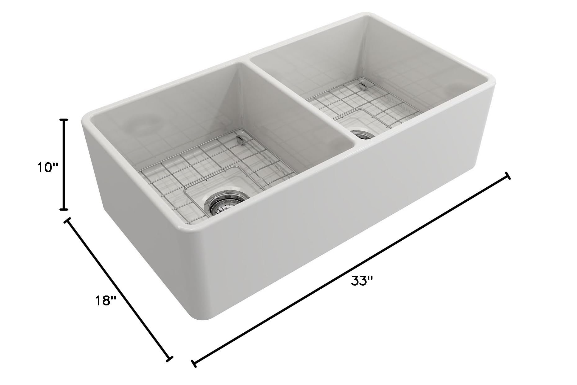 BOCCHI Classico White Apron Front Fireclay 33-inch Double Bowl Kitchen Sink with Protective Bottom Grid, Drain Strainers & Chrome Faucet - Perfect for Farmhouse Style Kitchens, Heavy-Duty Cooking & Dishwashing