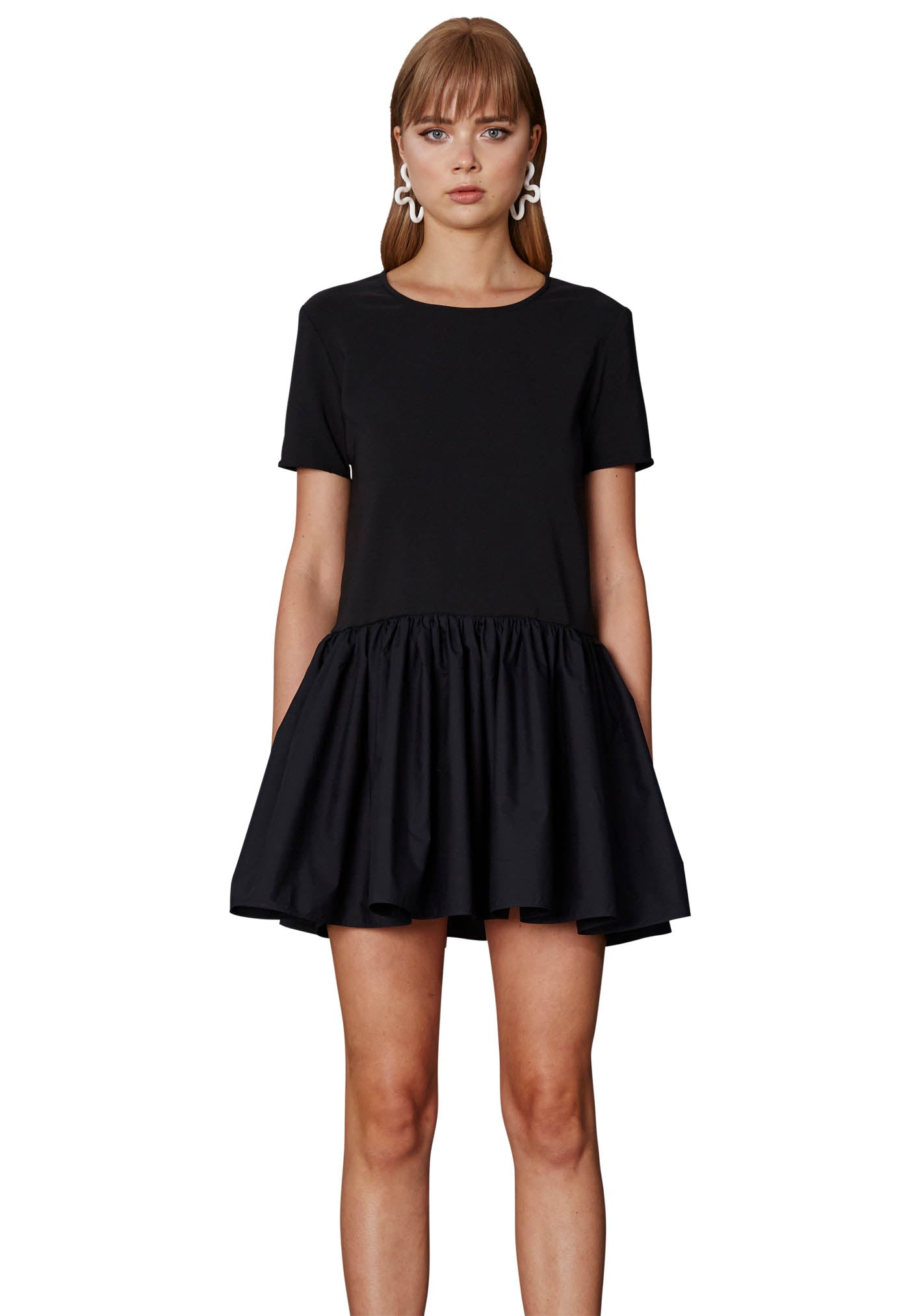 Soft Cotton Gathered Tee Mini Dress in Black - Perfect for Casual Outings and Summer Parties