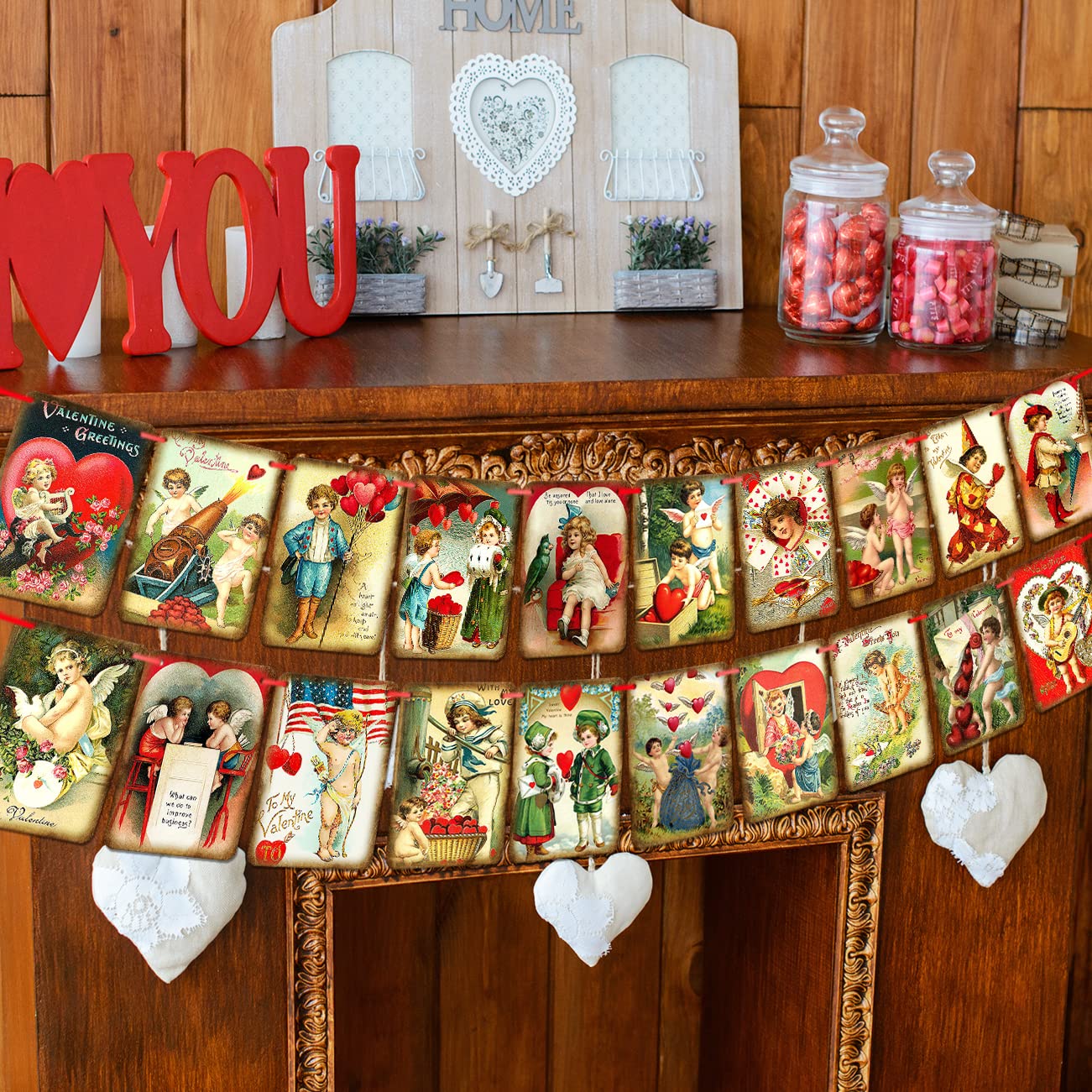 Vintage Valentine's Day Banner - Romantic Love Greeting Wall Decor for Valentine's Day, Anniversary & Wedding Party Supplies - Perfect for Fireplace, Home & Party Decorations
