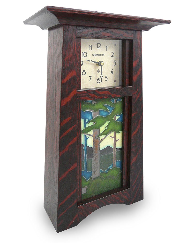 Handcrafted American Oak Tall Craftsman Style Mantel Clock with Pine Forest Tile, 15 Inch, Perfect for Rustic Home Decor and Cozy Living Rooms
