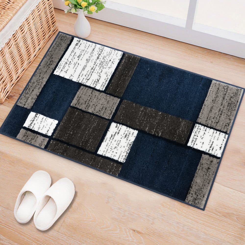Contemporary Modern Boxes Area Rug 2' x 3' Navy - Soft Non-Slip Living Room Carpet for Bedroom, Office & Dorm Decor