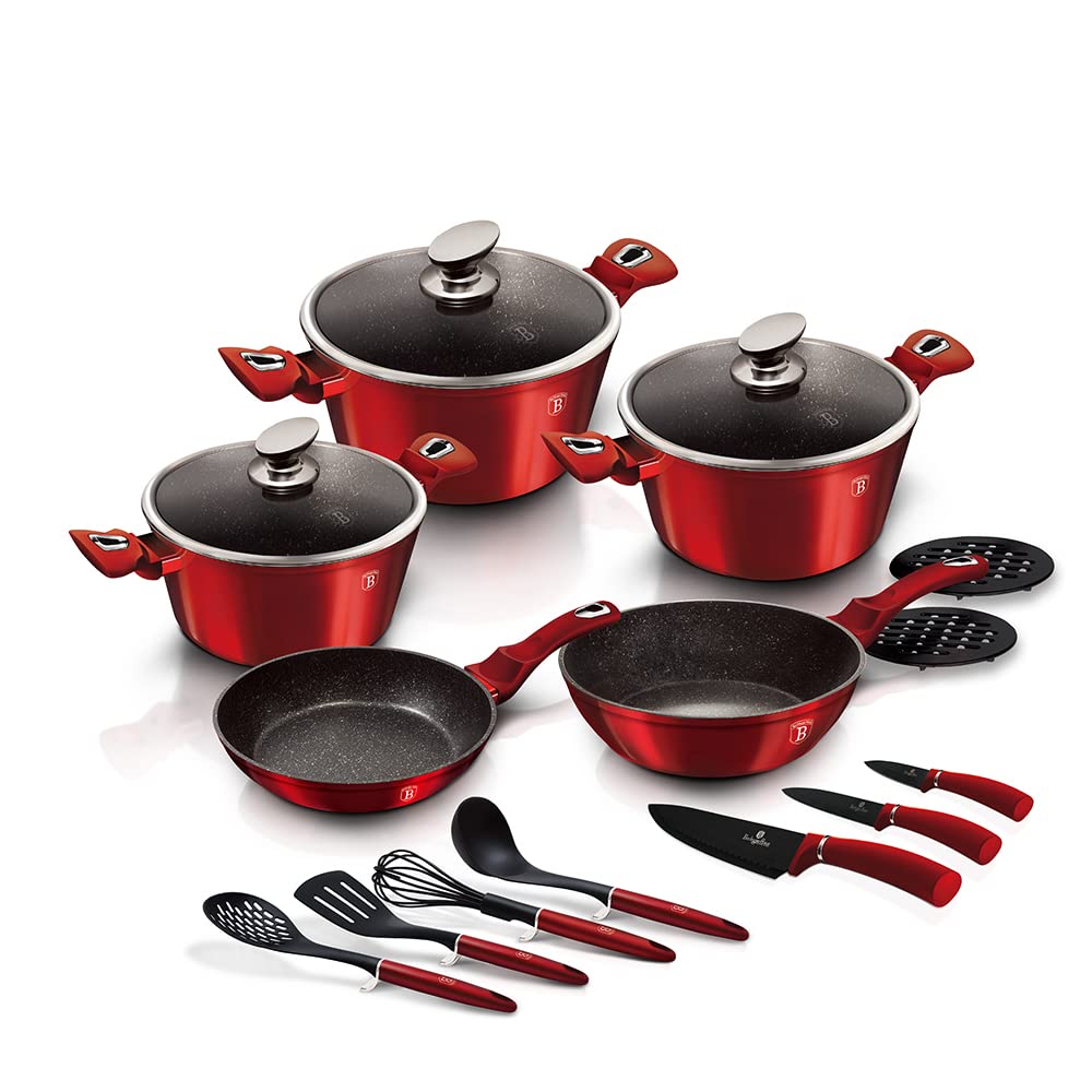 Berlinger Haus 17-Piece Nonstick Cookware Set with Utensils & Knife Set - Turbo Induction Pots & Pans, Ergonomic Handles, Dishwasher Safe (Red) - Perfect for Home Cooking, Professional Chefs & Gift Giving