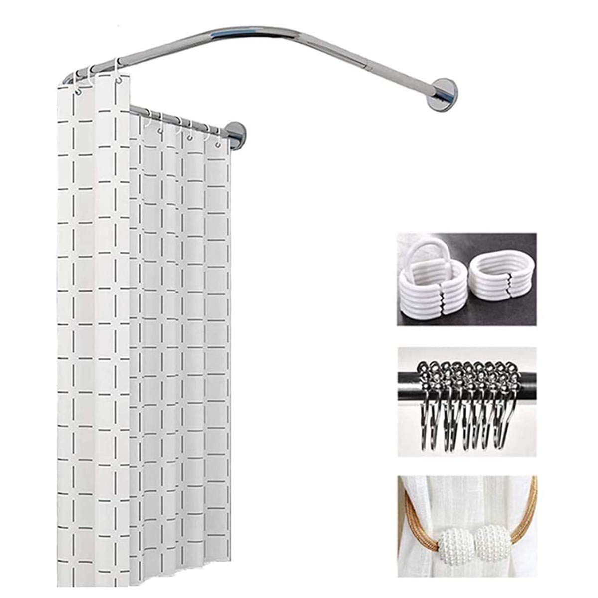Adjustable Telescopic Shower Curtain Rod - Stainless Steel Tension Rod with Waterproof Shower Curtain & Hooks, No Drilling U-Shaped Bathroom Pole (90×90×90) - Perfect for Small Bathrooms, Apartments & RVs