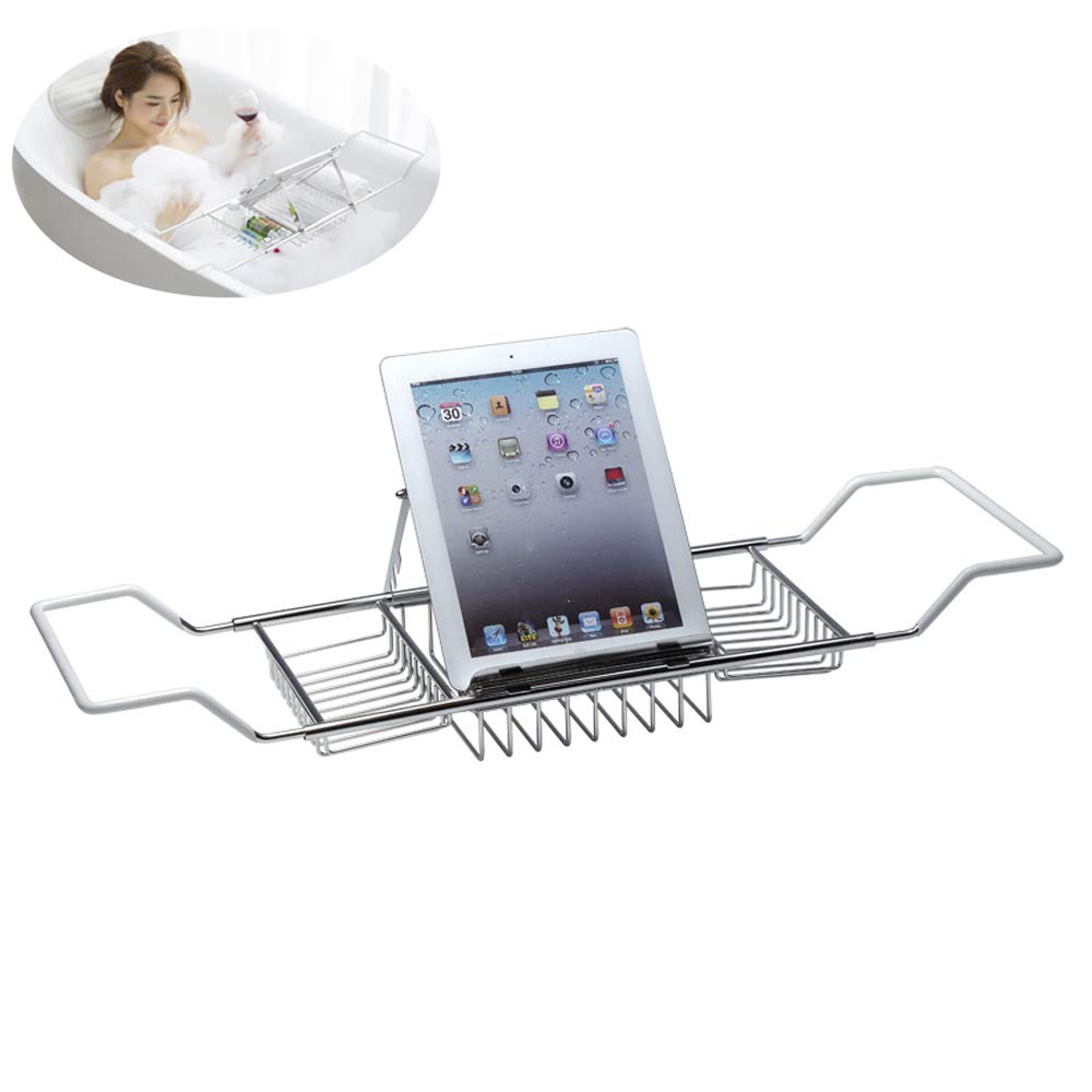 Expandable Stainless Steel Bathtub Tray with Book Holder & Extending Silicone Sides - Adjustable Bath Caddy Organizer for Bathroom, Perfect for Reading, Relaxing & Holding Essentials in Tub or Shower