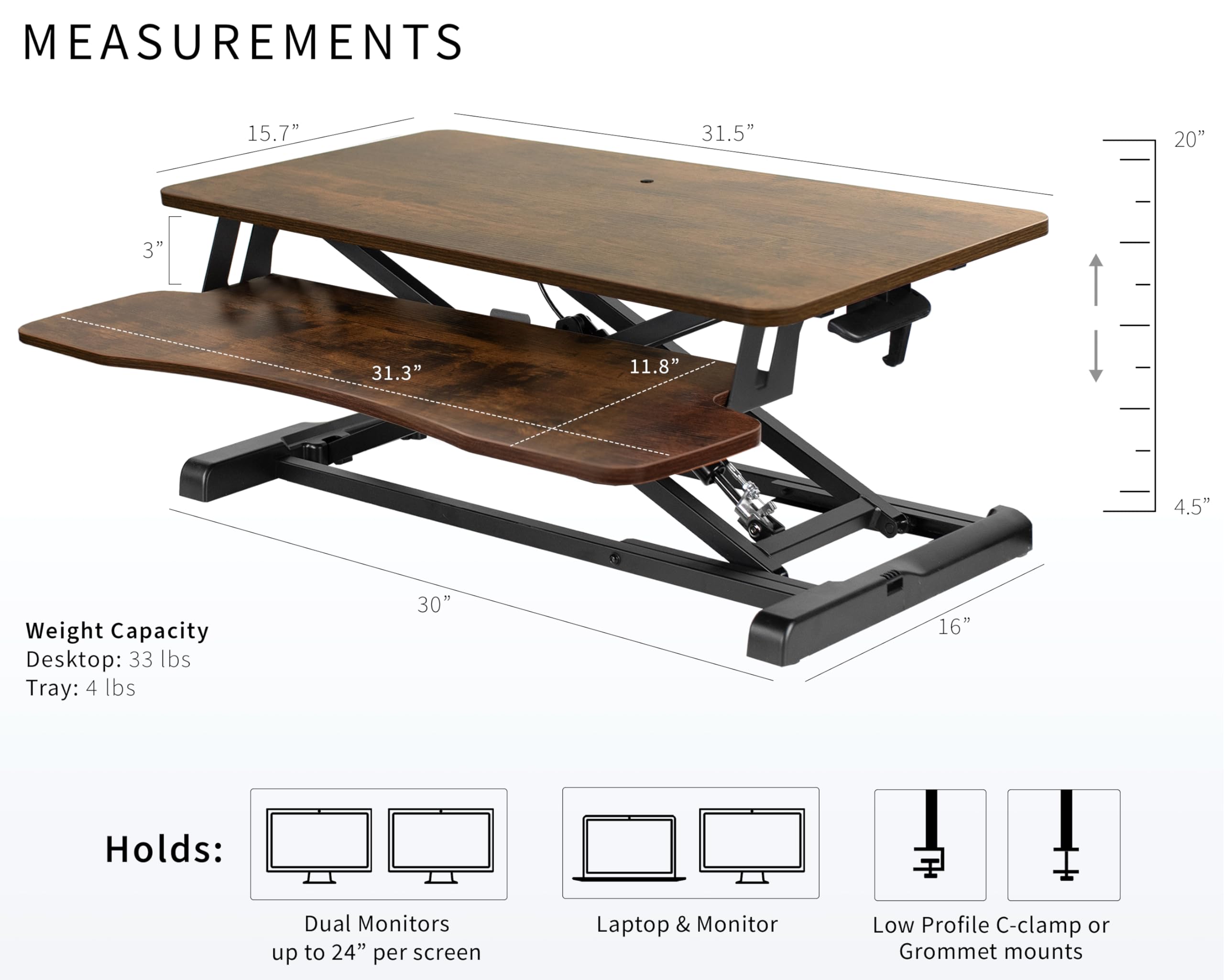 VIVO 32 Inch Height Adjustable Sit Stand Desk Converter - Dual Monitor & Laptop Workstation with Wide Keyboard Tray - Rustic Brown Top & Black Frame (K Series DESK-V000KN) - Perfect for Home Office, Gaming Setup & Ergonomic Workspace