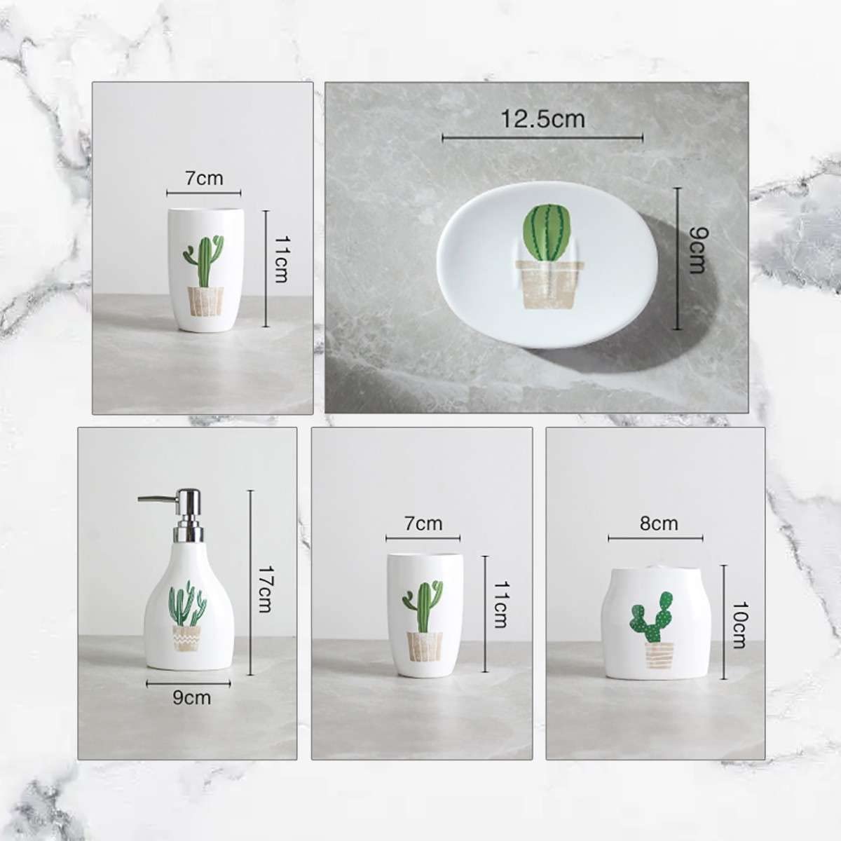 Cactus Bathroom Accessory Set - 5 Piece Western Style Bathroom Decor with Toothbrush Holder, Lotion Dispenser & Soap Dish in White & Green | Perfect for Southwestern, Boho & Farmhouse Bathroom Decor