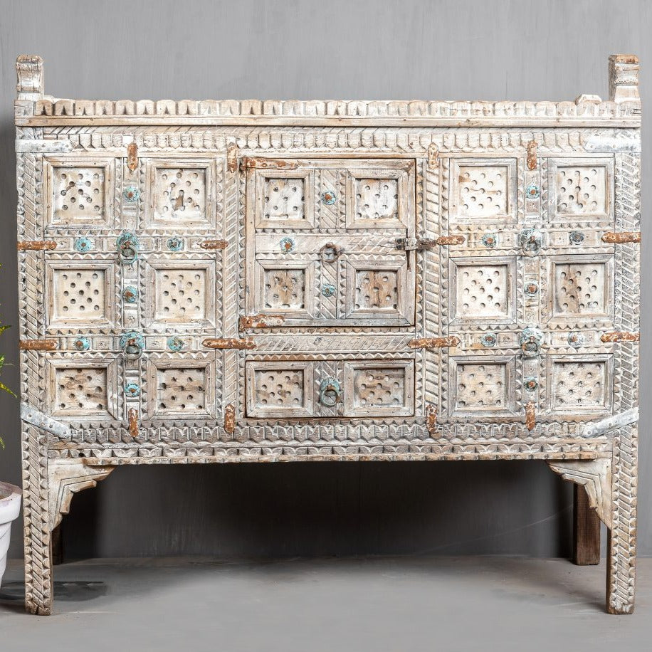 Hand Carved Antique Solid Wood Damchiya Dowry Chest with Drawers - Vintage White Storage Furniture for Bedroom, Living Room & Home Decor