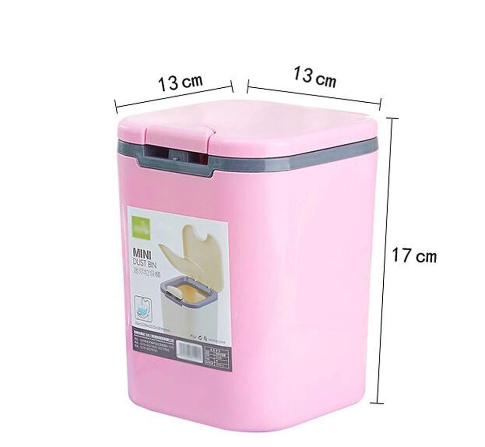 Hflove Mini Plastic Table Top Trash Can - Small Countertop Press Bin for Kitchen, Bathroom, Office (Pink) | Compact Waste Basket for Desks, Vanities & Small Spaces