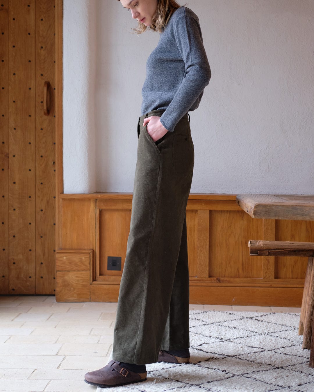 Harper Cotton Wide Leg Pants for Women | Olive Green Corduroy Trousers | Comfortable Casual & Office Wear