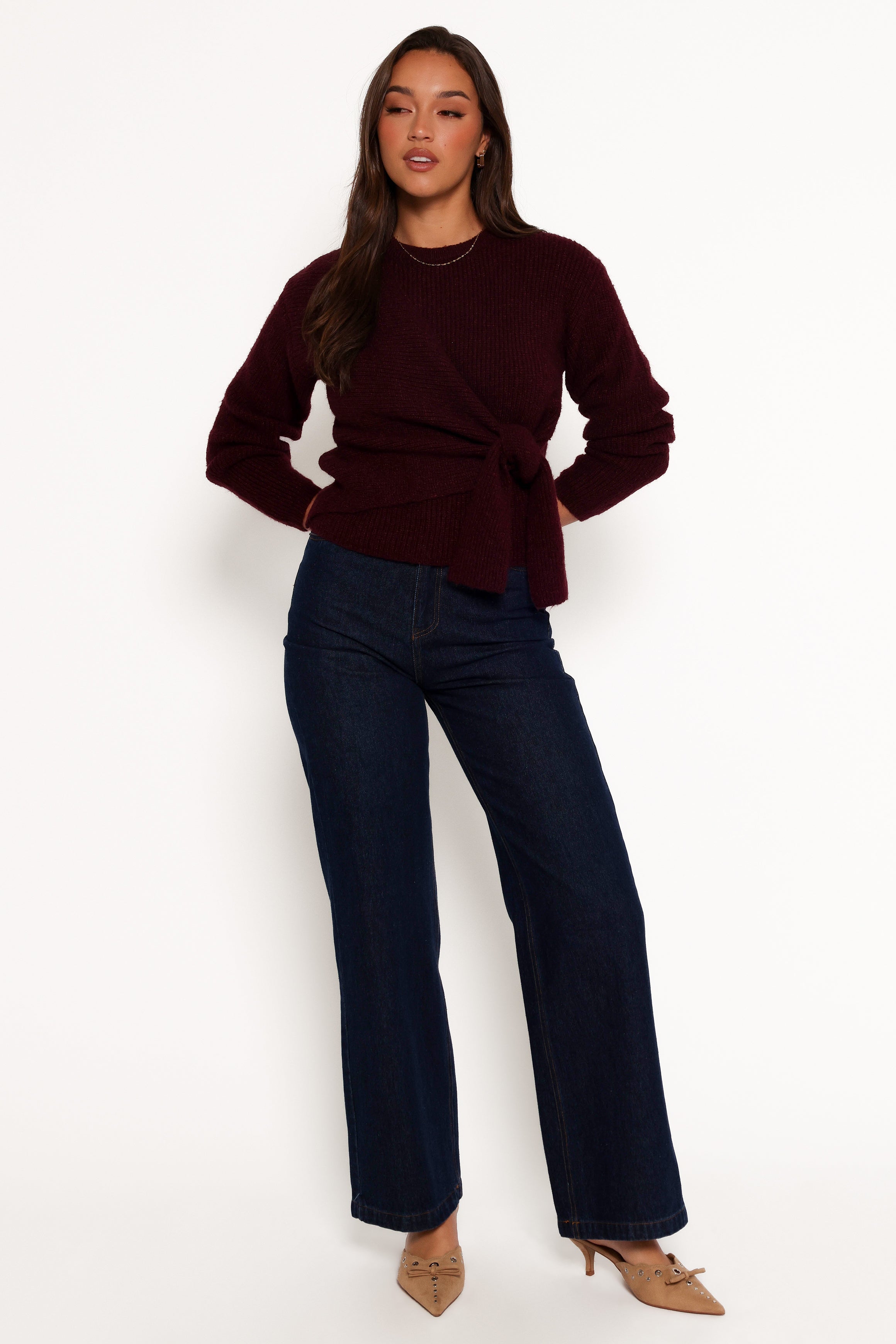 Ettie Wrap Side Tie Knit Sweater for Women - Burgundy Red Chunky Knit Cardigan | Perfect for Fall Winter Outfits, Office Wear & Casual Dates