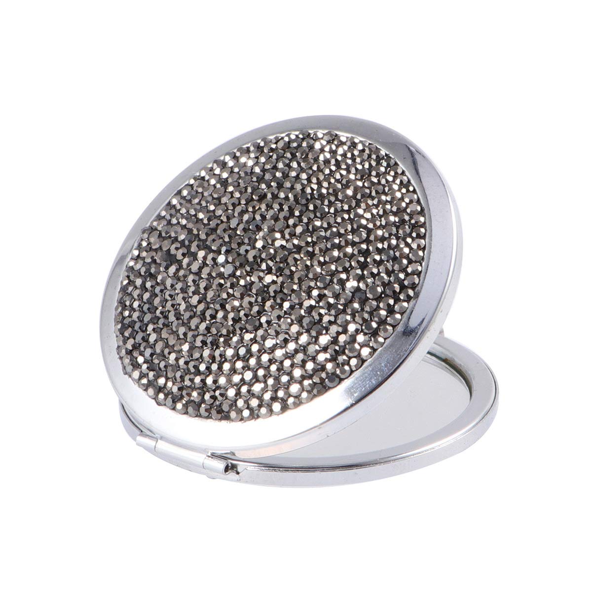 Lurrose Round Compact Mirror with Rhinestones - Double-Sided Folding Handheld Mirror for Makeup, Travel & Home (Black) | Portable Pocket Mirror for Purse, Vanity & Touch-ups