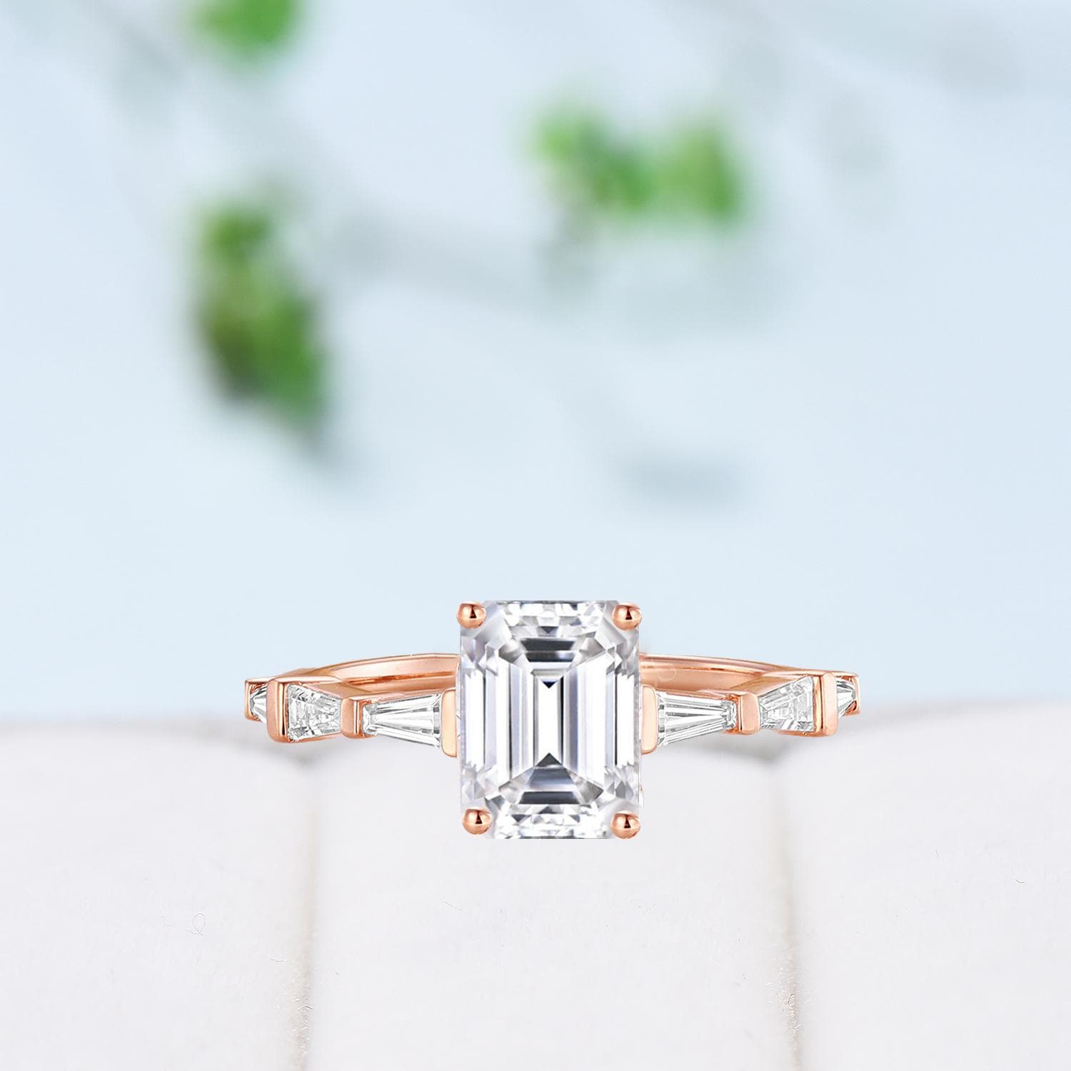 Exquisite Asscher Cut Brilliant Moissanite & Baguette Engagement Ring - 14K Rose Gold Vintage Wedding Band, Unique Anniversary Promise Ring for Women - Perfect for Proposals, Weddings & Special Occasions