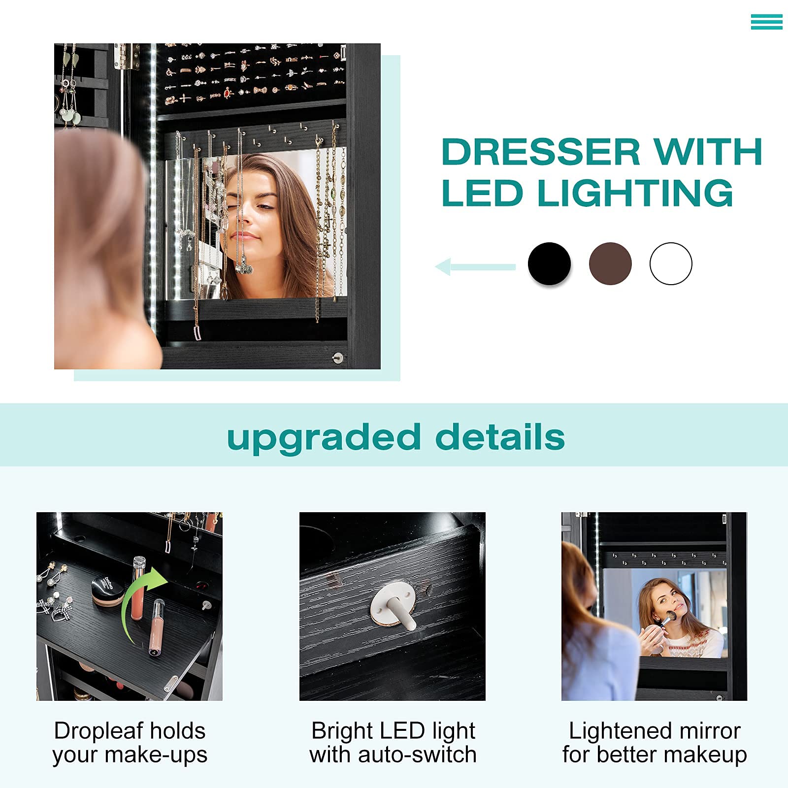 Charmaid LED Lighted Jewelry Armoire with Full Length Mirror - 47.2