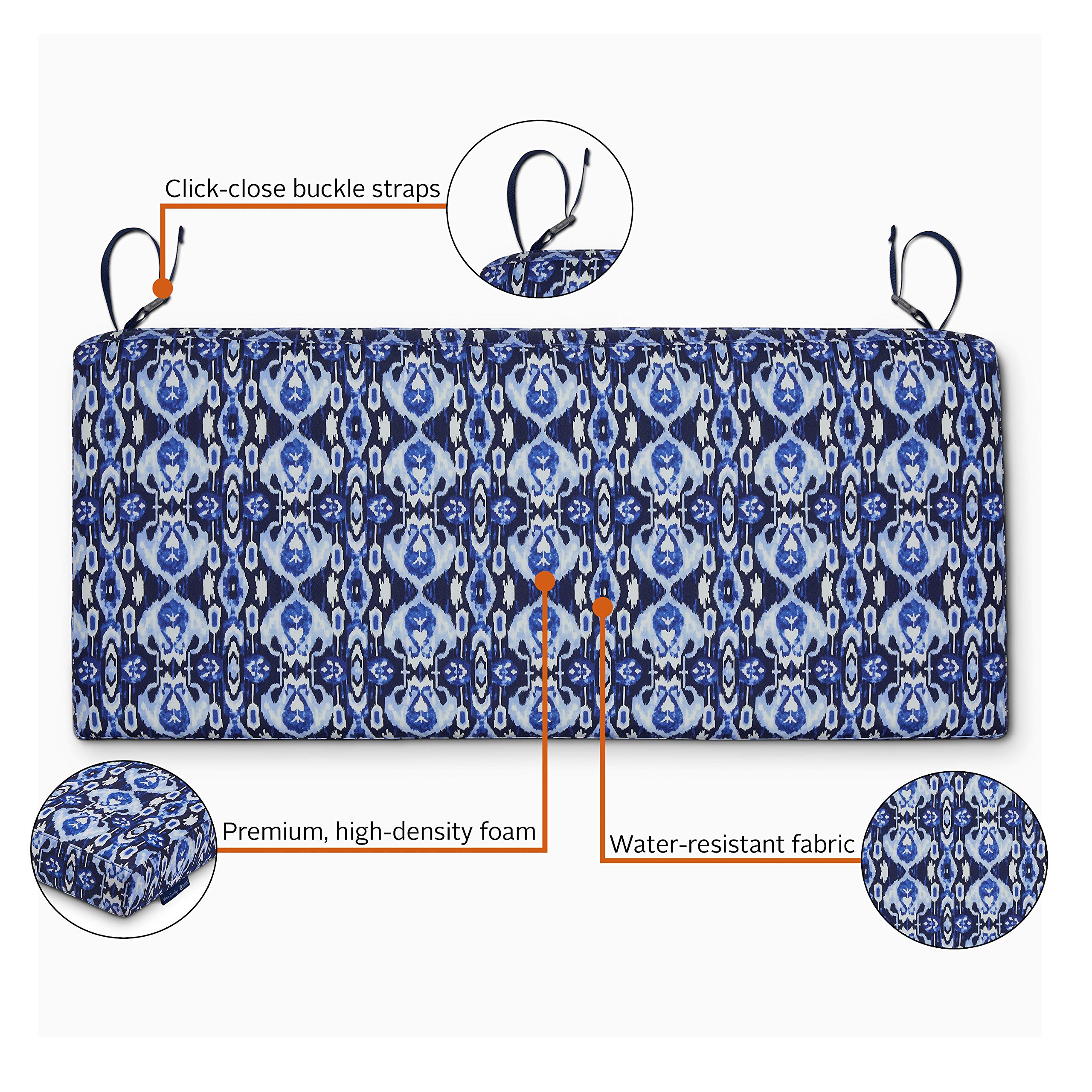 Vera Bradley Water-Resistant Patio Bench Cushion 54 x 18 x 3 Inch - Ikat Island Pattern Outdoor Furniture Cushion for Garden, Deck, Porch & Poolside Seating